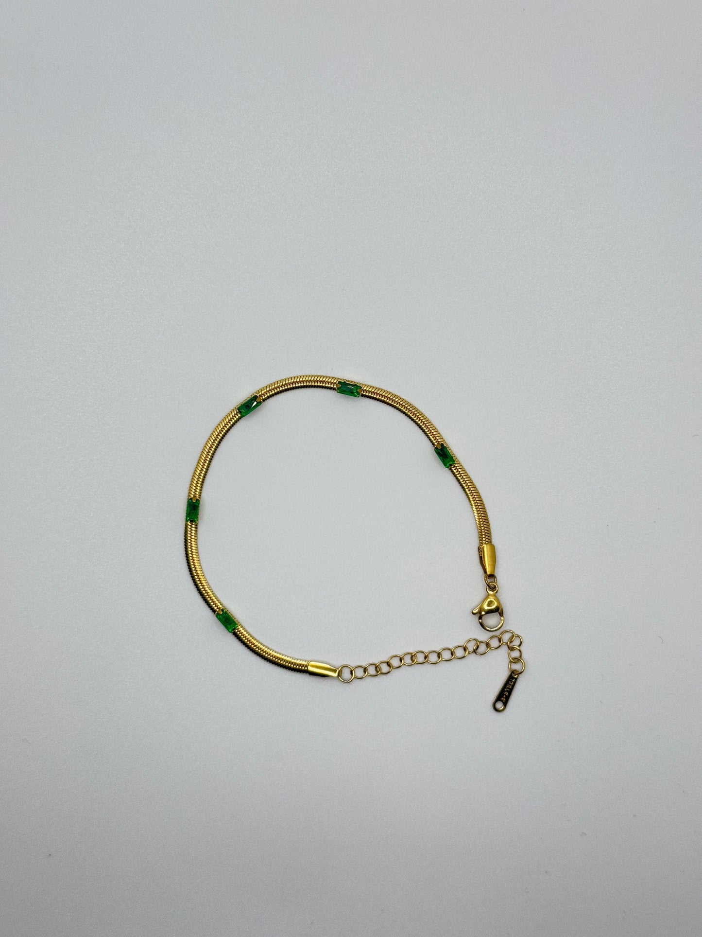 Gold Tone Snake Chain Bracelet with Green Bar Inlays