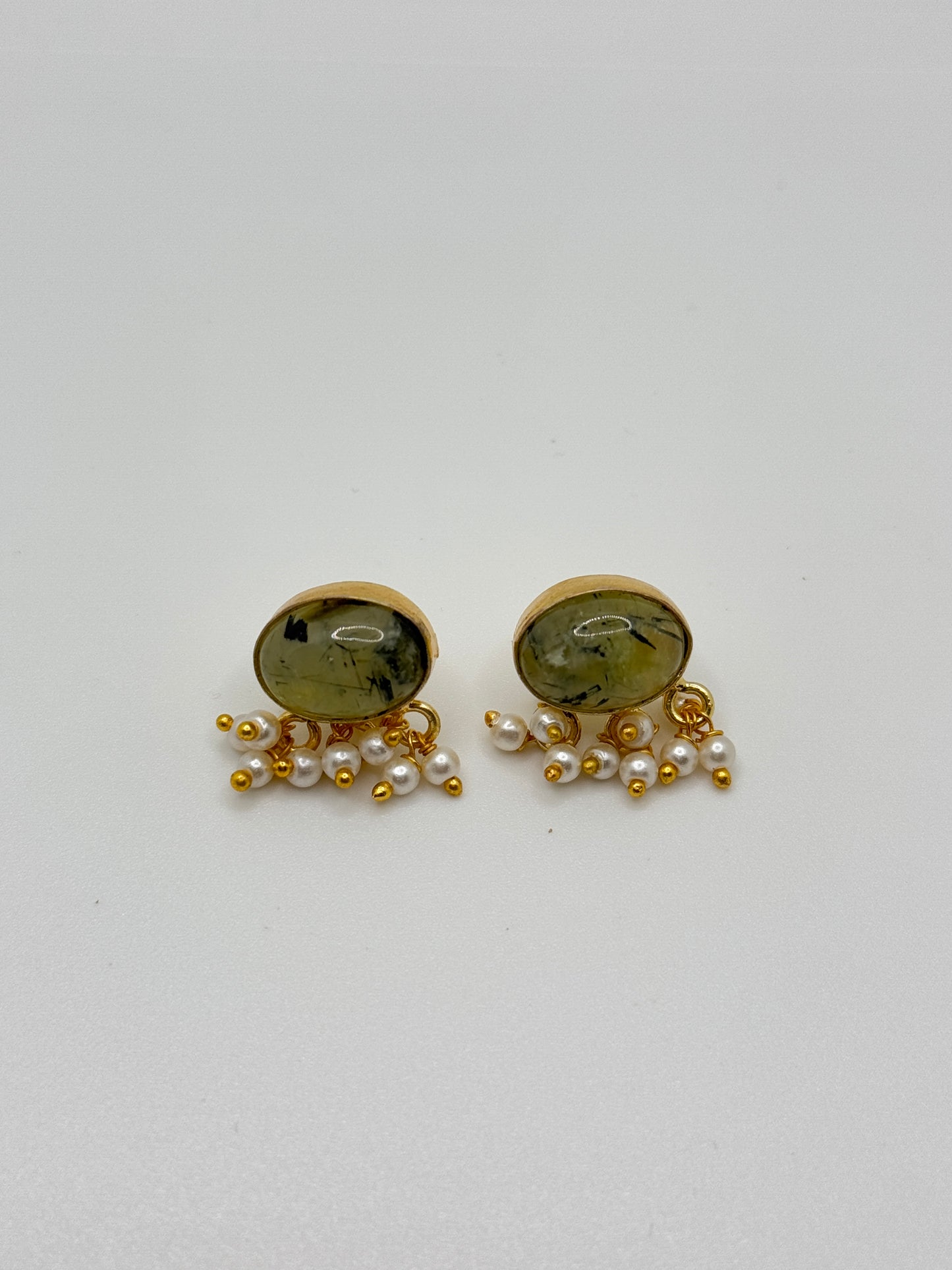 Gold Oval Prehnite Stud Earrings with Pearl Drops