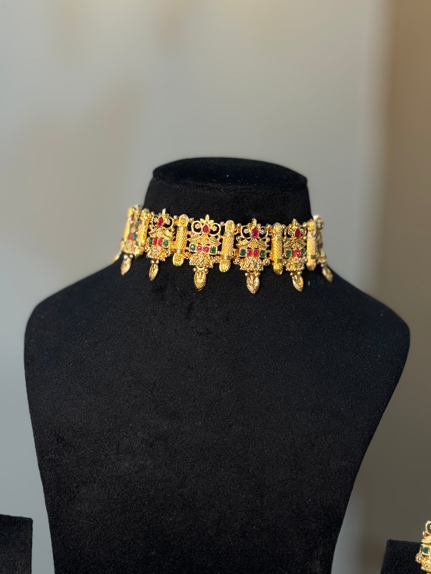 Vibrant Gold-Plated Choker Necklace with Ruby & Emerald Stones