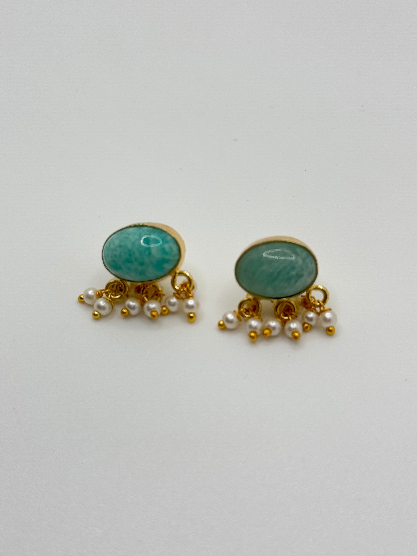 Gold Oval Amazonite Stud Earrings with Pearl Drops