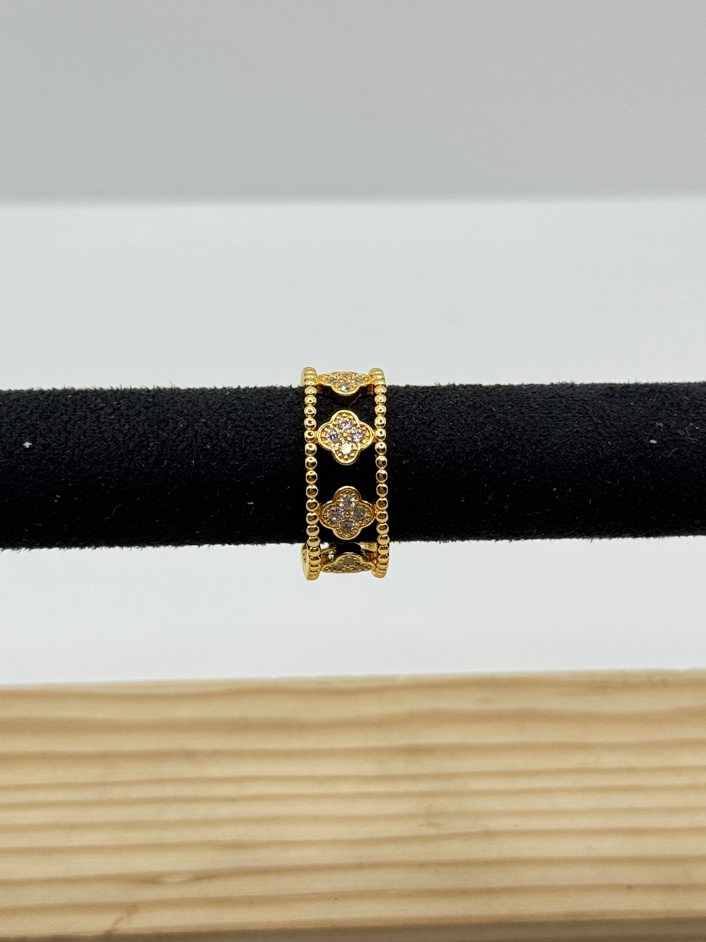 Gold Clover Motif Ring with Pave Crystals
