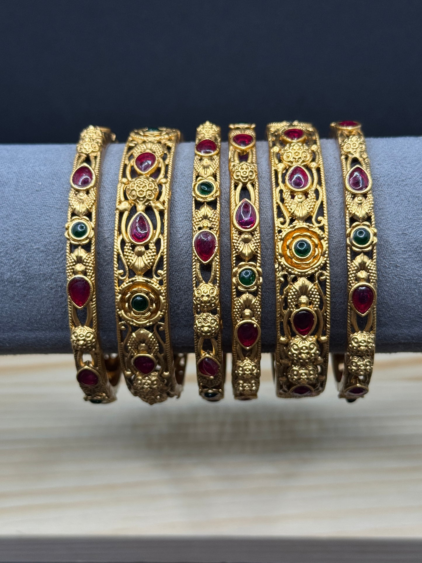 Set of 6 Antique Gold Plated Bangles with Ruby & Emerald Stones 2*6