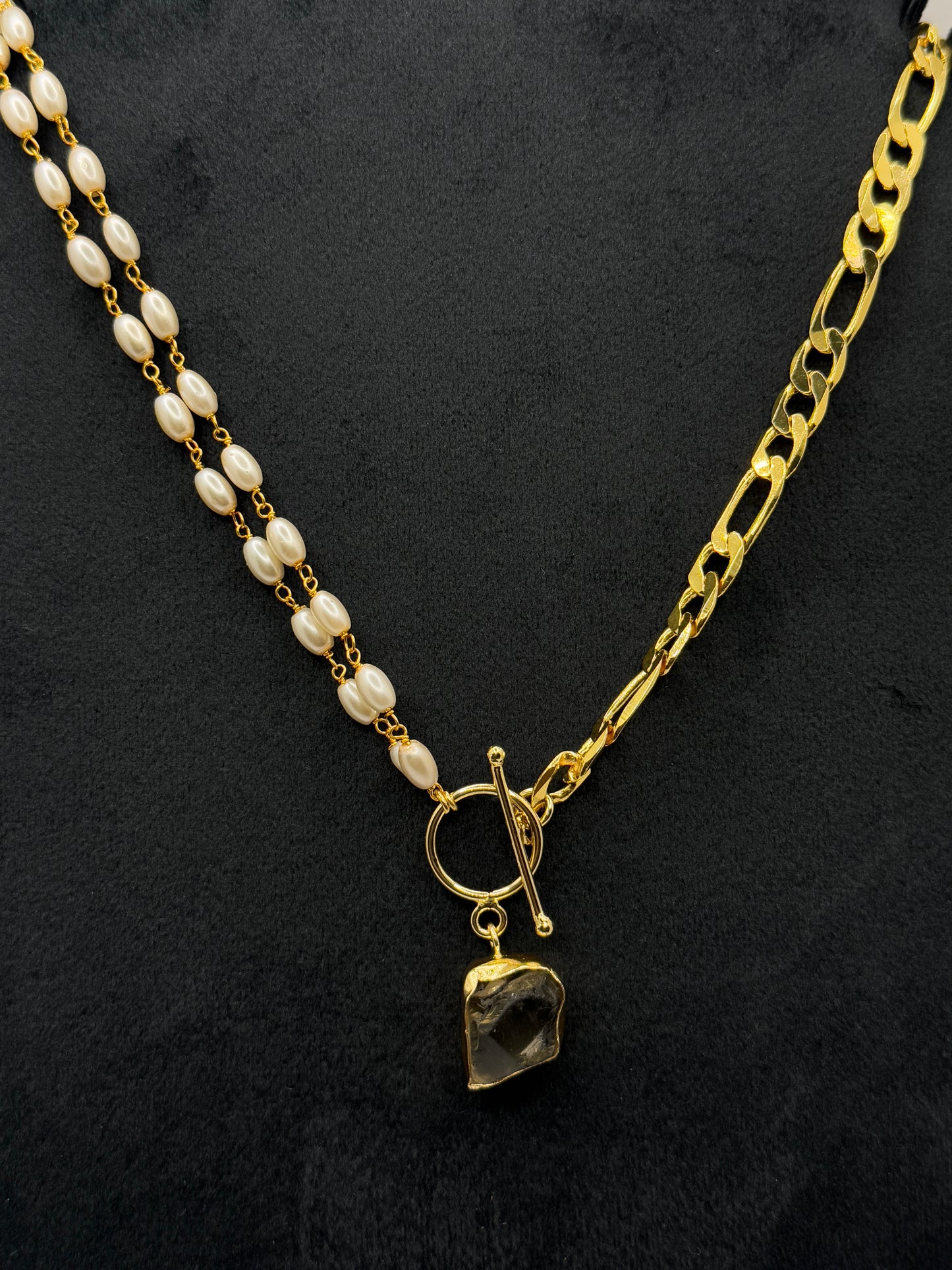 Half Pearl, Half Gold Chain Link Necklace with Smokey Quartz Pendant