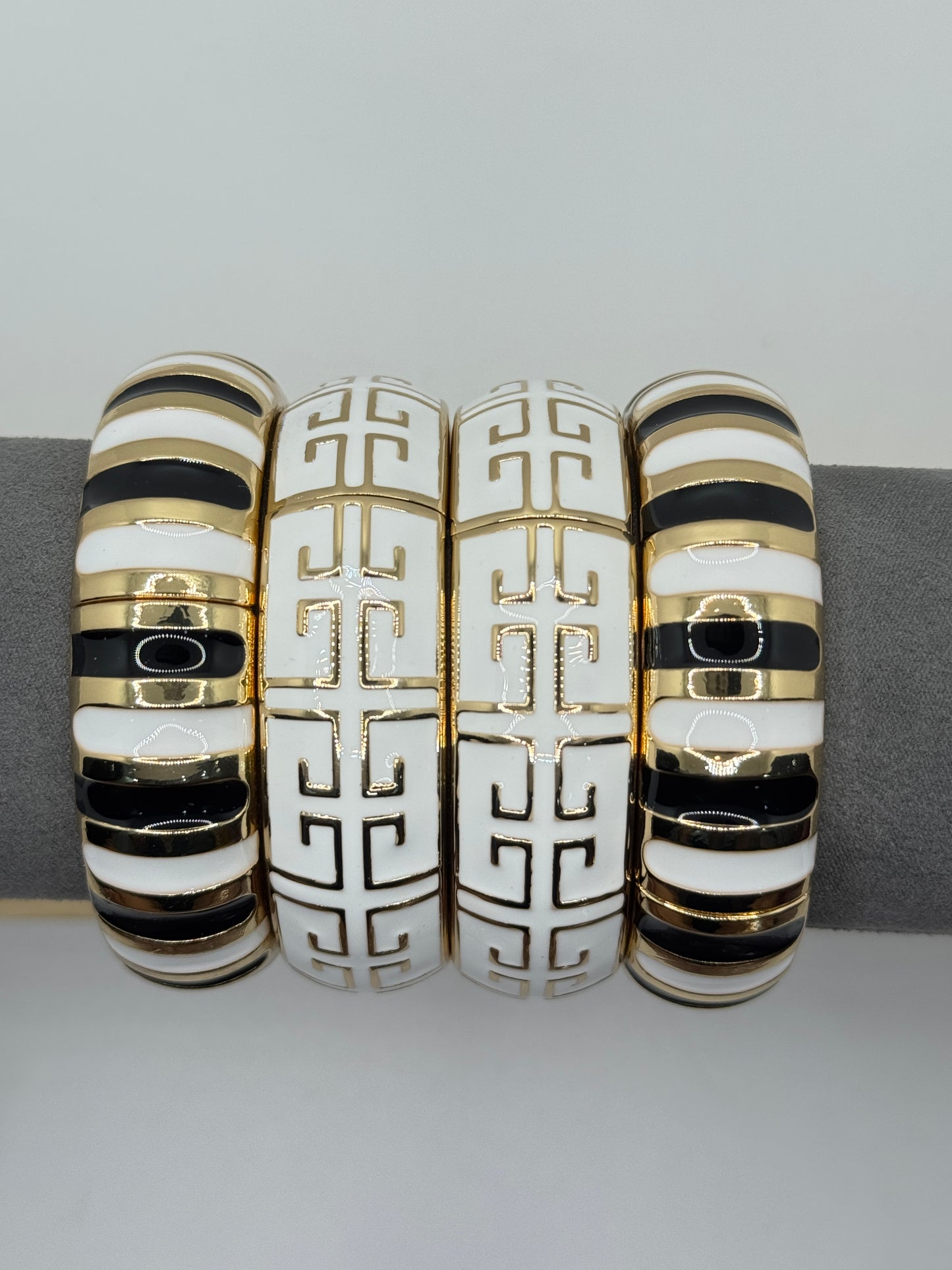 White Bangle with Gold Greek Key Pattern