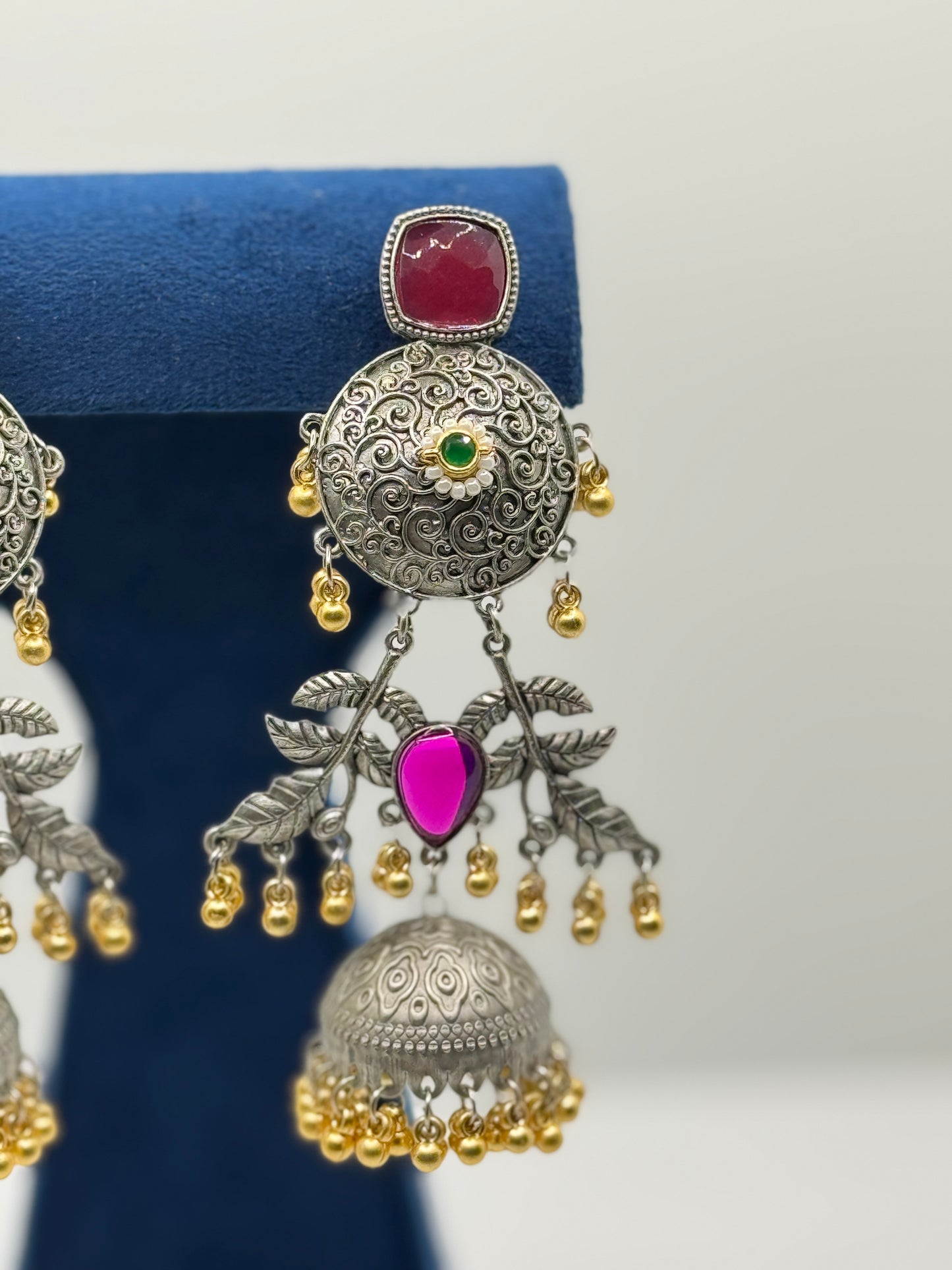 Magenta Oxidised Leaf Jhumkas