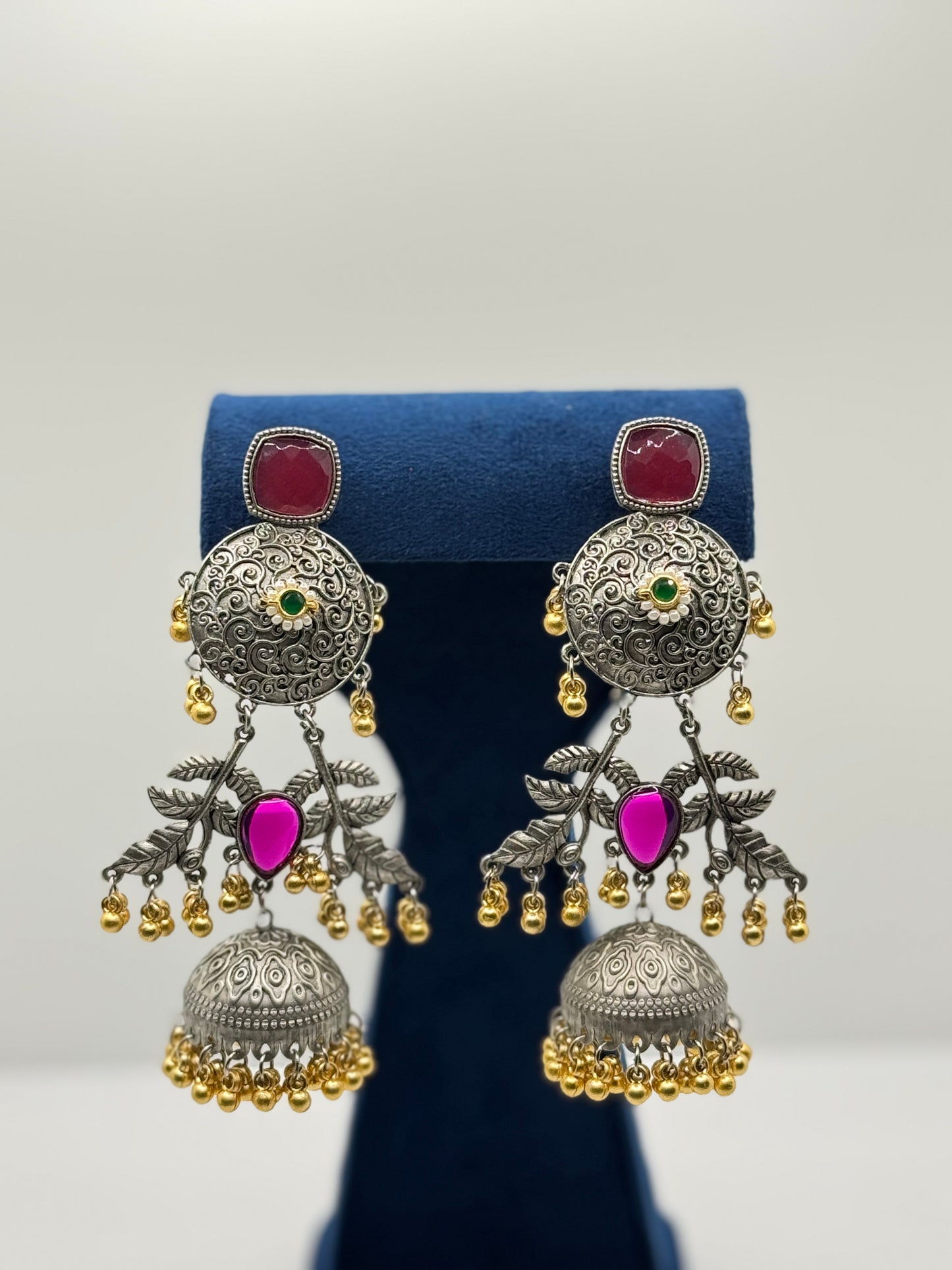 Magenta Oxidised Leaf Jhumkas