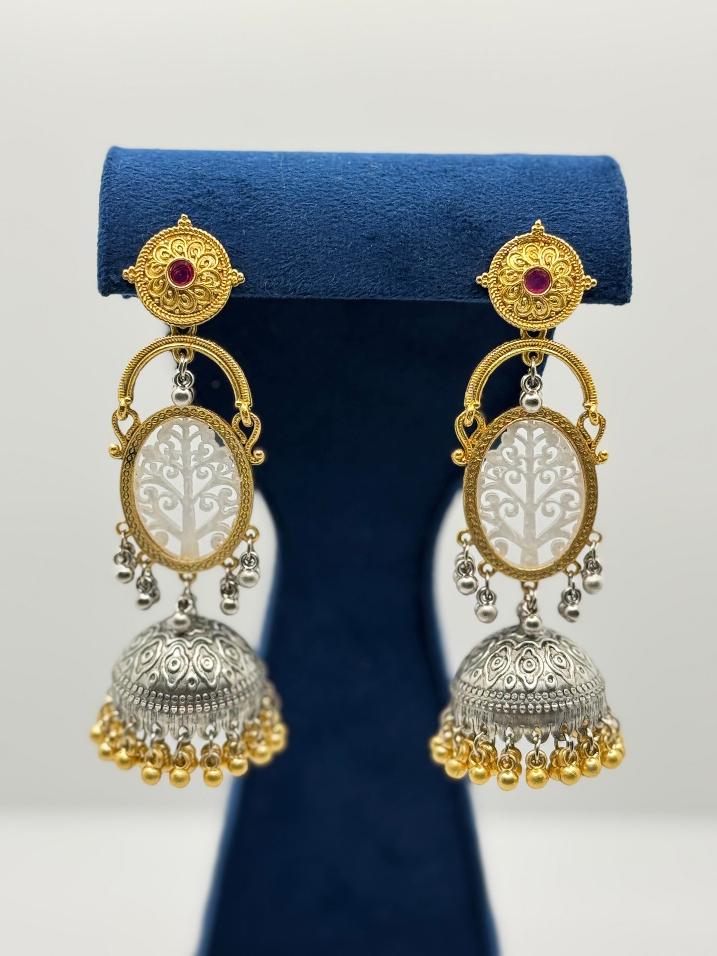 Red Stone Dual-Tone Tree Jhumkas
