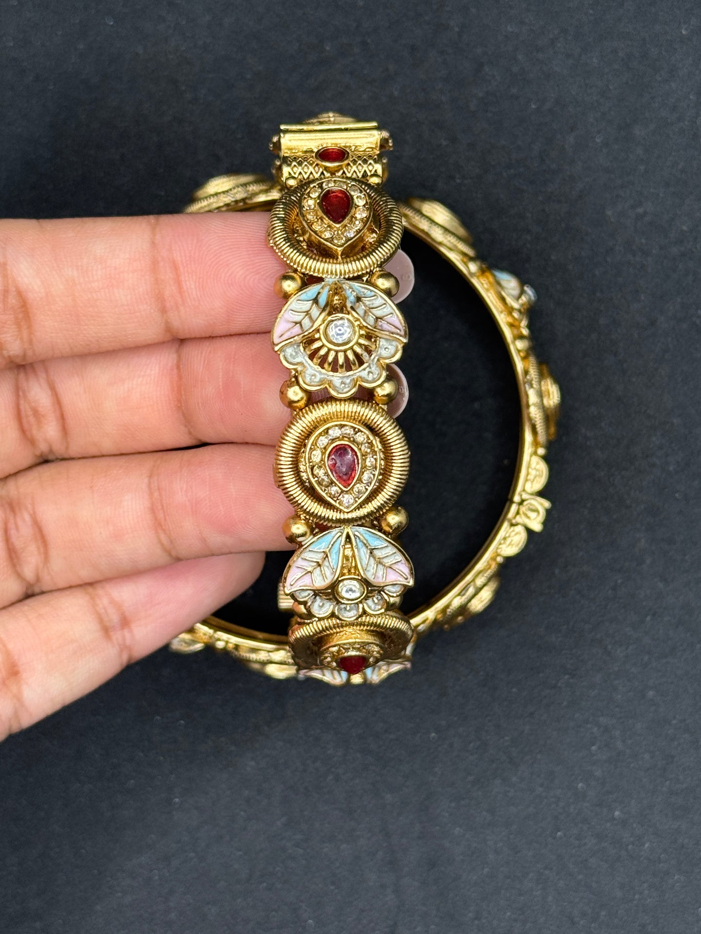 Ornate Gold Bangles with Red Stone Accents 2*6