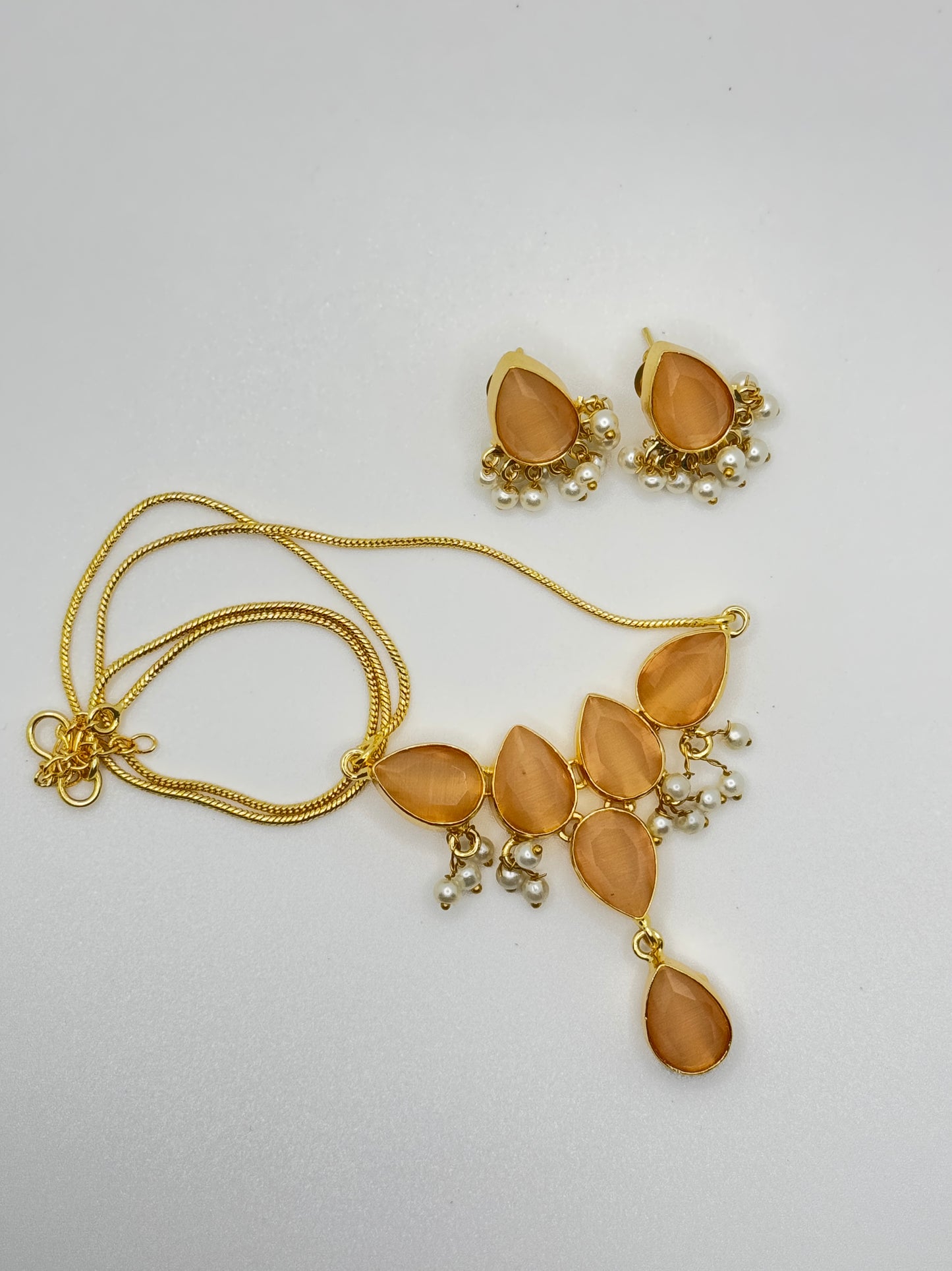 Peach Stone Teardrop Necklace and Earring Set with Pearl Drops
