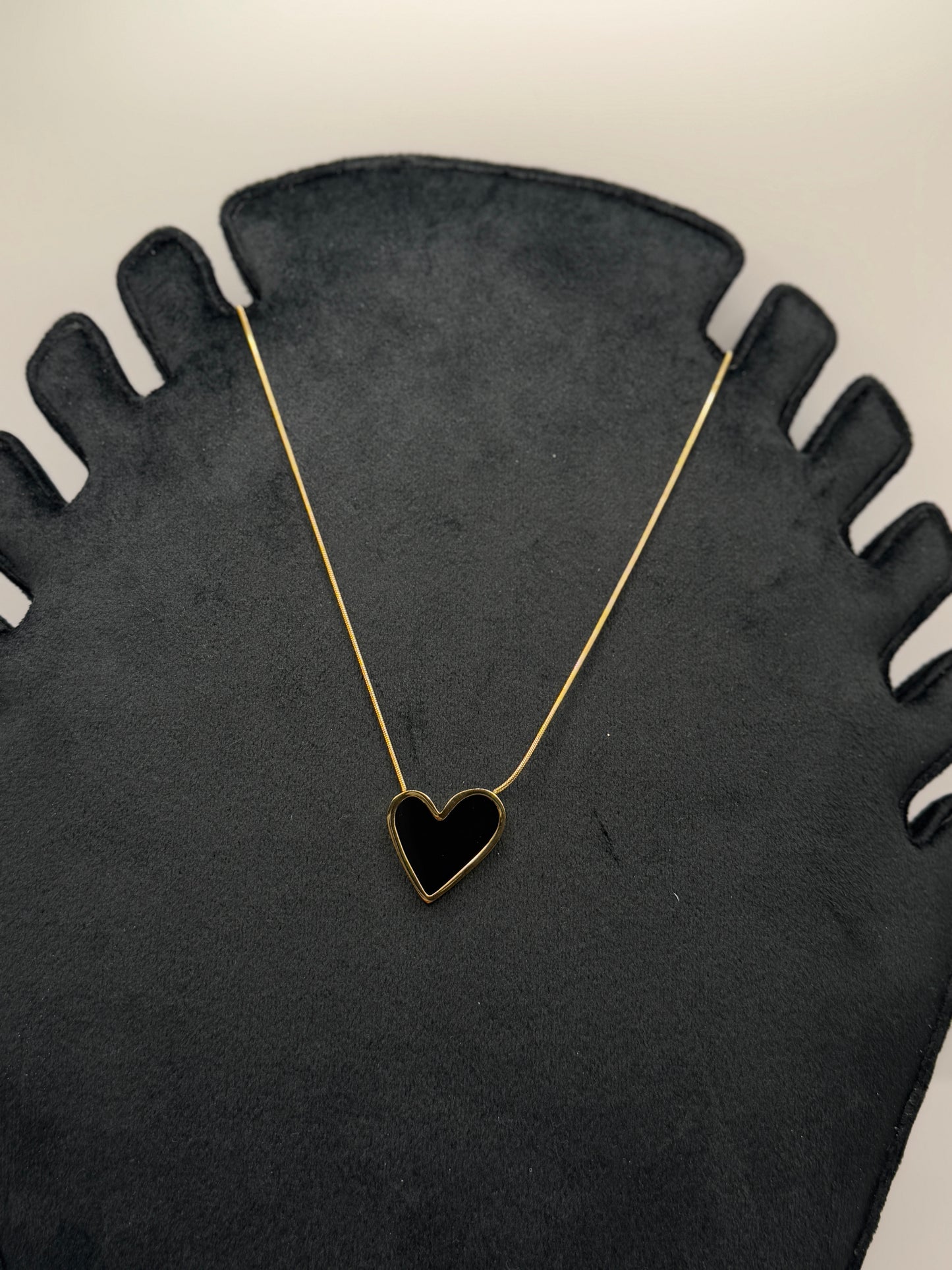 Gold Tone Heart Outline Necklace with Black Inlay