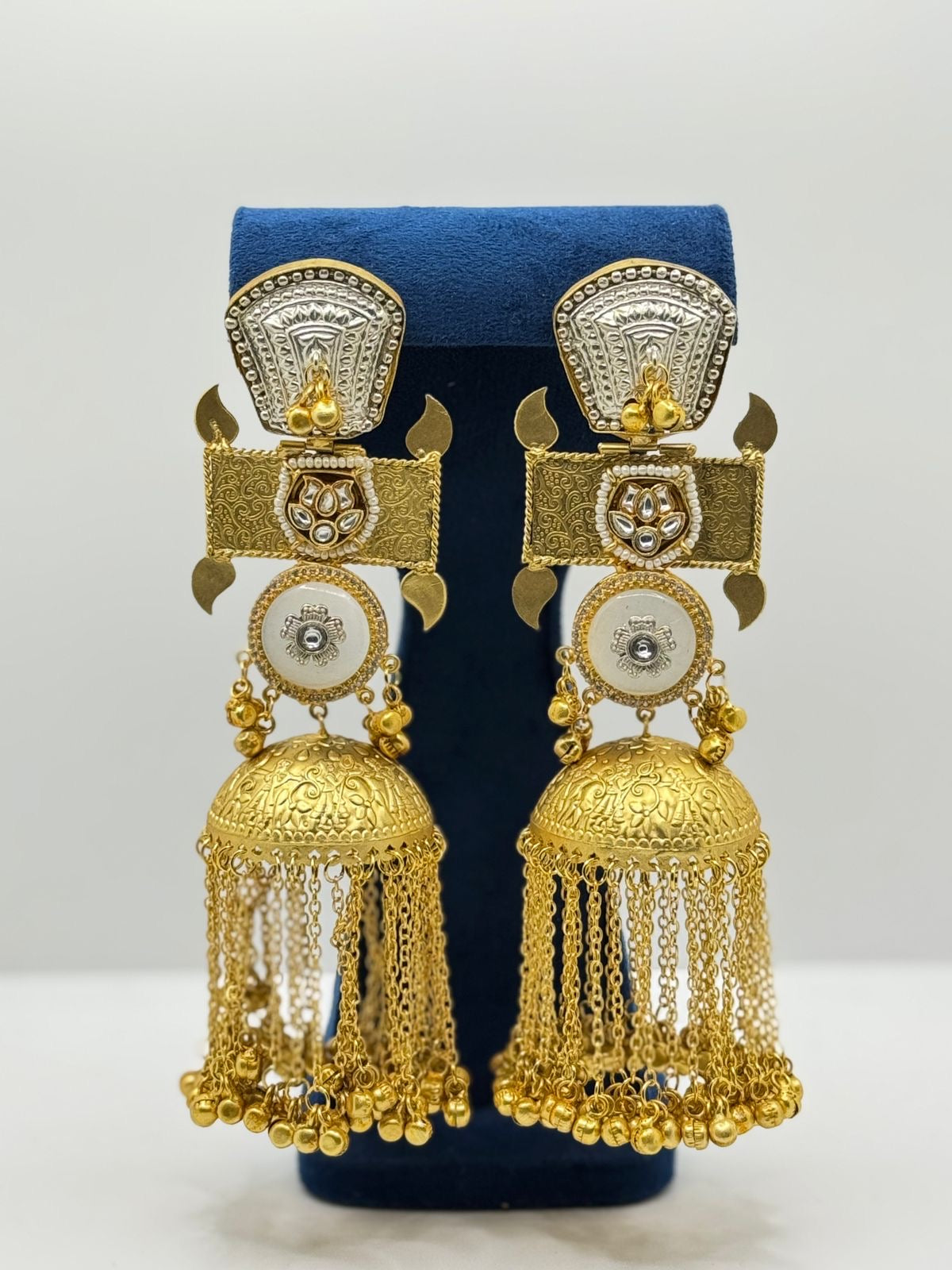 Handcrafted Jhumka Earrings with Dangling Chains and Beads