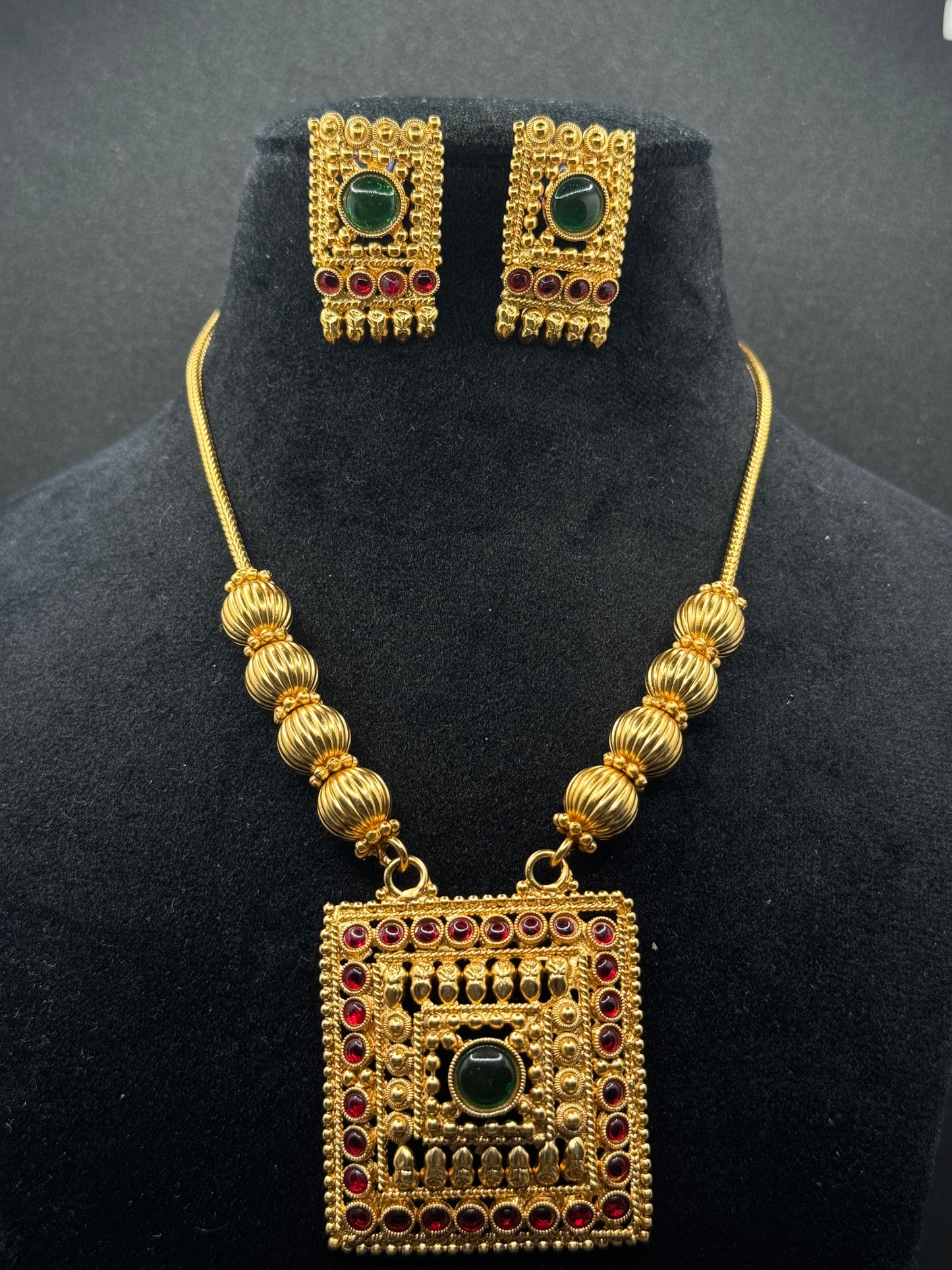Traditional Gold Plated Necklace Set with Ruby & Emerald Stones