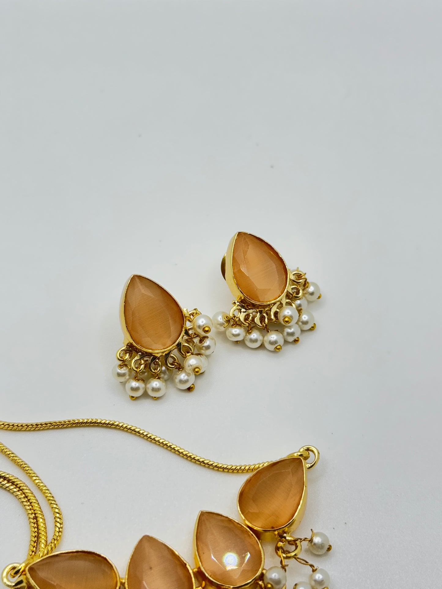 Peach Stone Teardrop Necklace and Earring Set with Pearl Drops