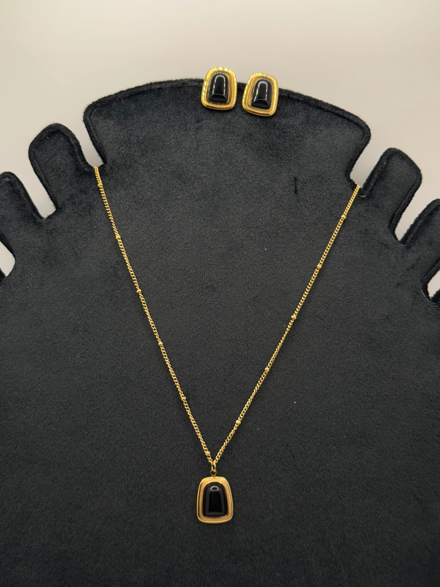 Gold Tone Pendant and Stud Earring Set with Black Inlay