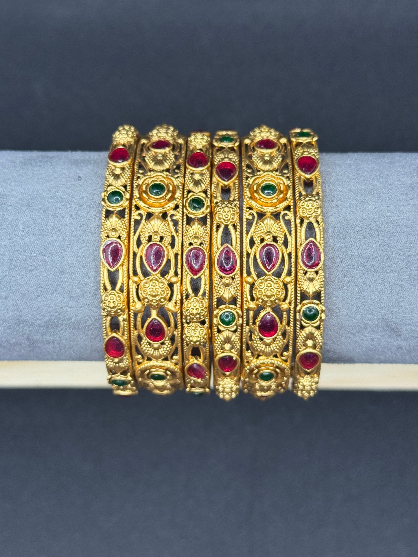 Set of 6 Antique Gold Plated Bangles with Ruby & Emerald Stones 2*6