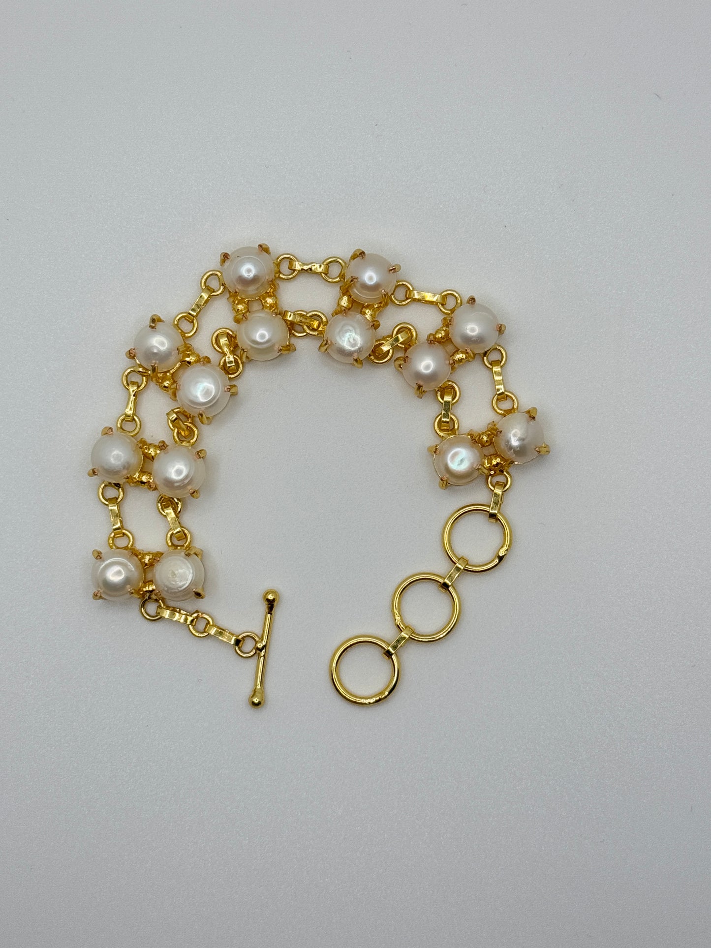 Pearl & Gold Double Strand Bracelet with Toggle Clasp