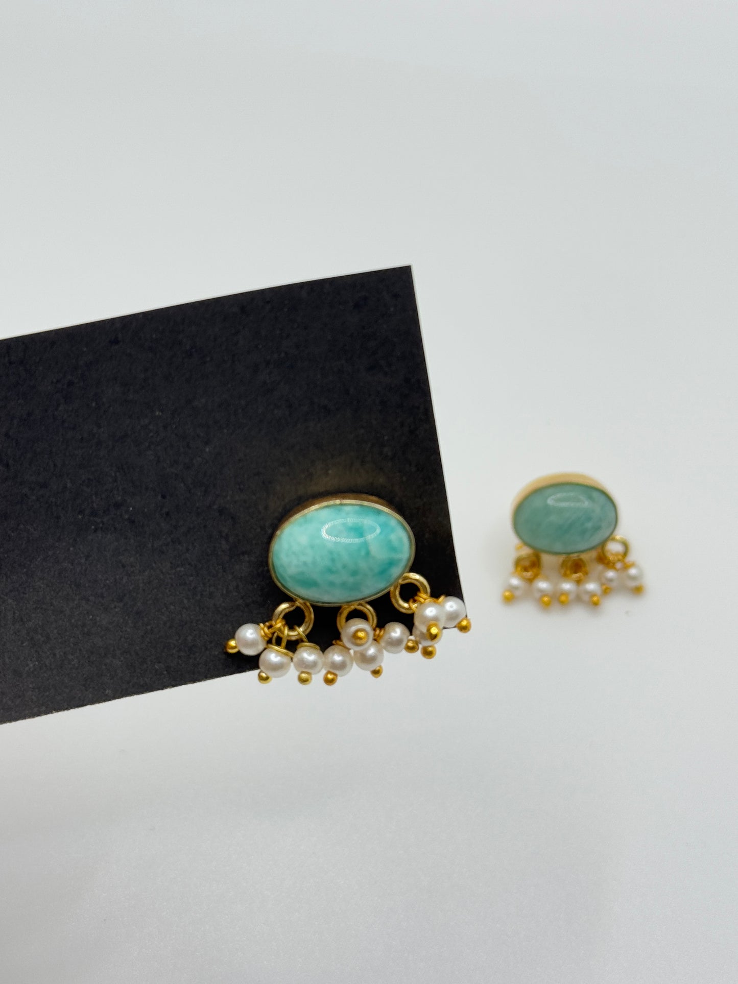 Gold Oval Amazonite Stud Earrings with Pearl Drops