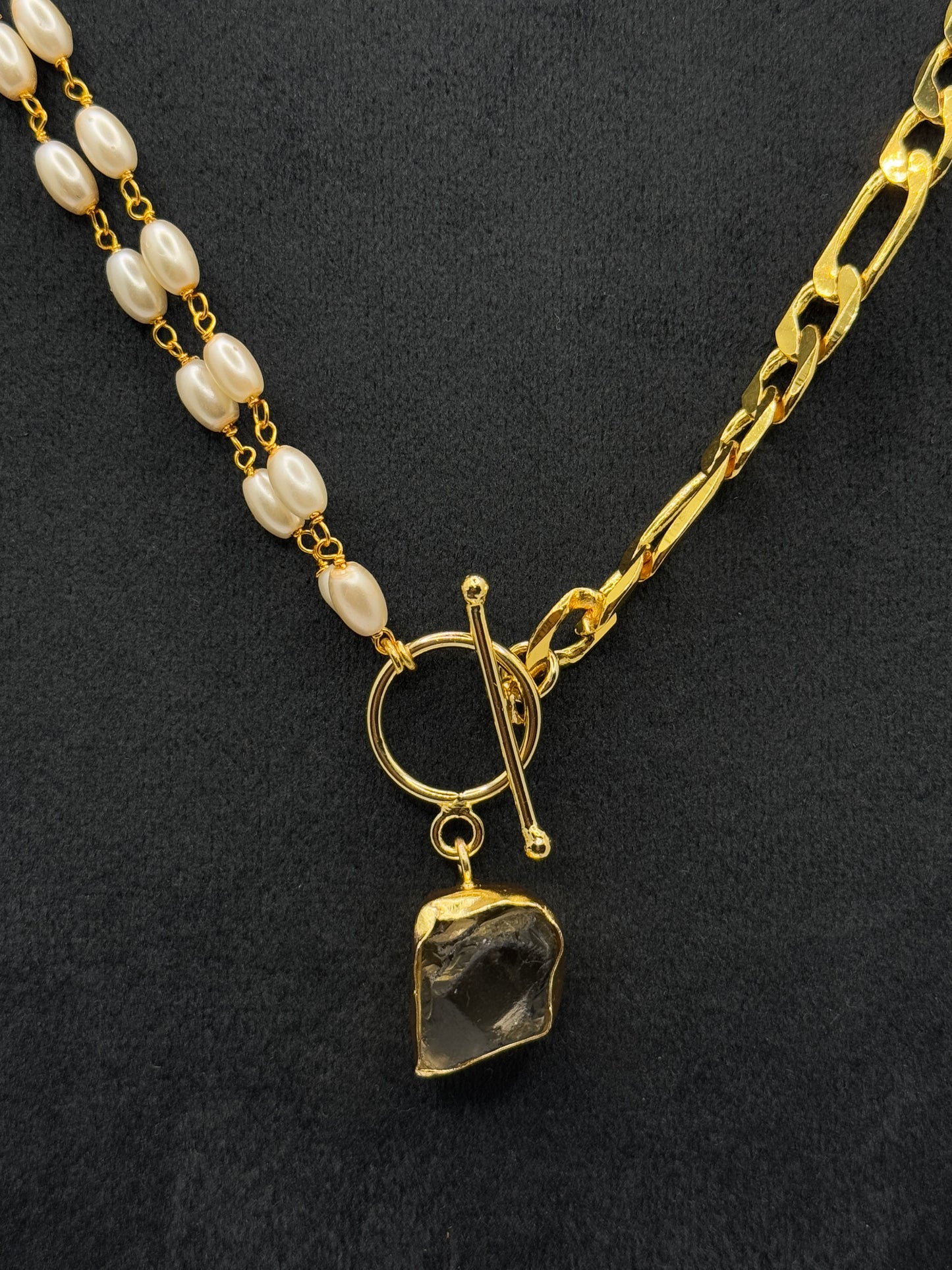 Half Pearl, Half Gold Chain Link Necklace with Smokey Quartz Pendant