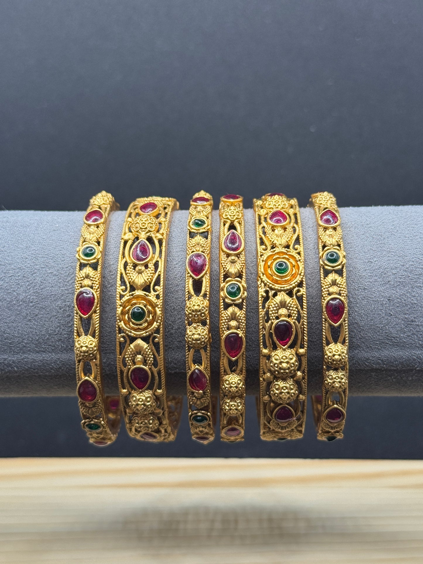 Set of 6 Antique Gold Plated Bangles with Ruby & Emerald Stones 2*6
