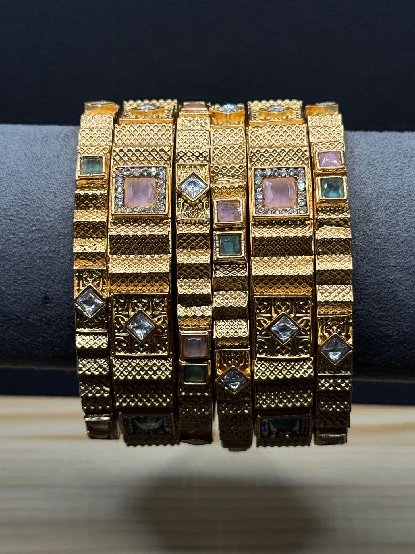 Modern Gold-Toned Bangles with Geometric Gemstone 2*6