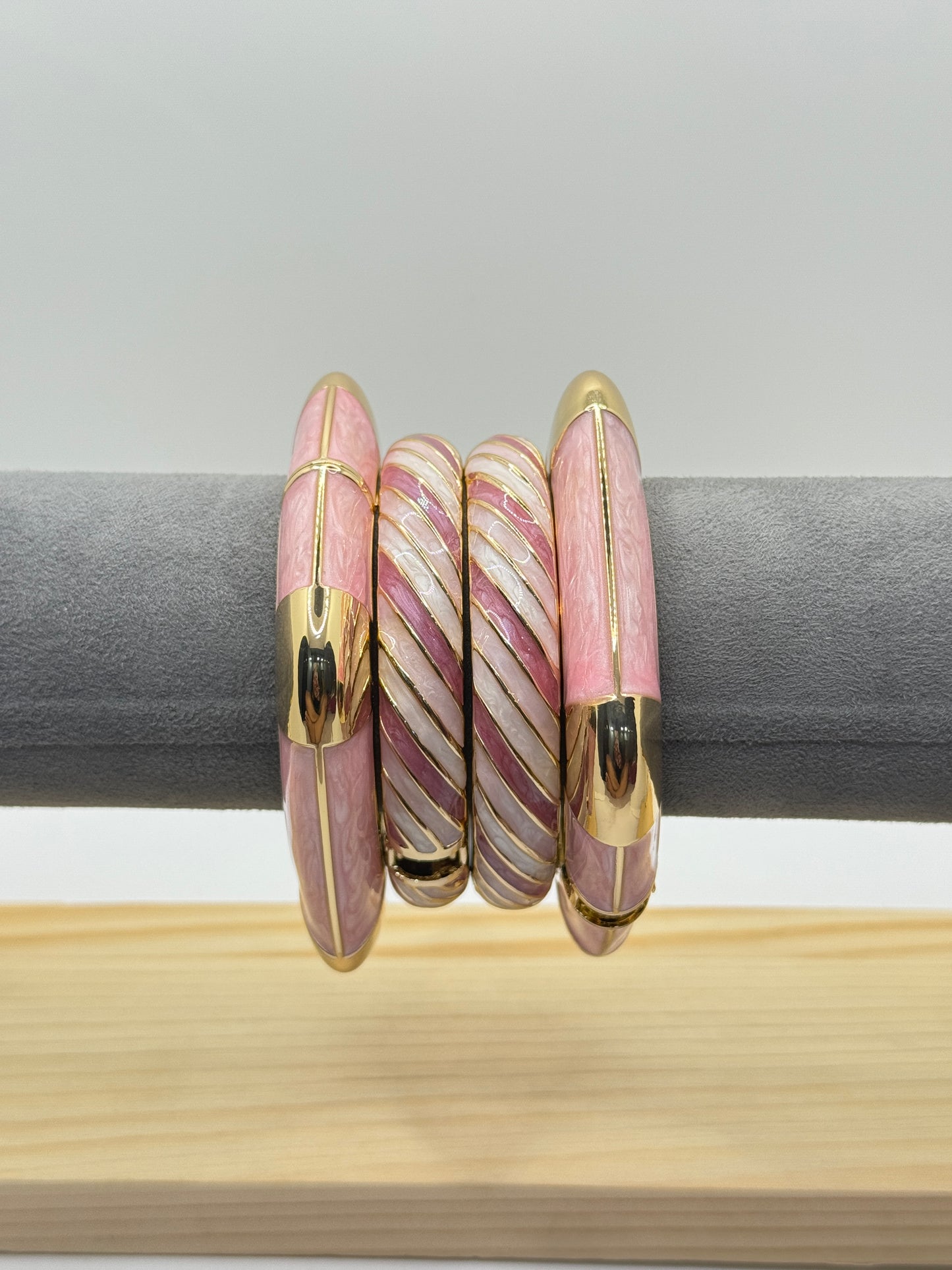 Pink and White Swirl Bangle with Gold Accents
