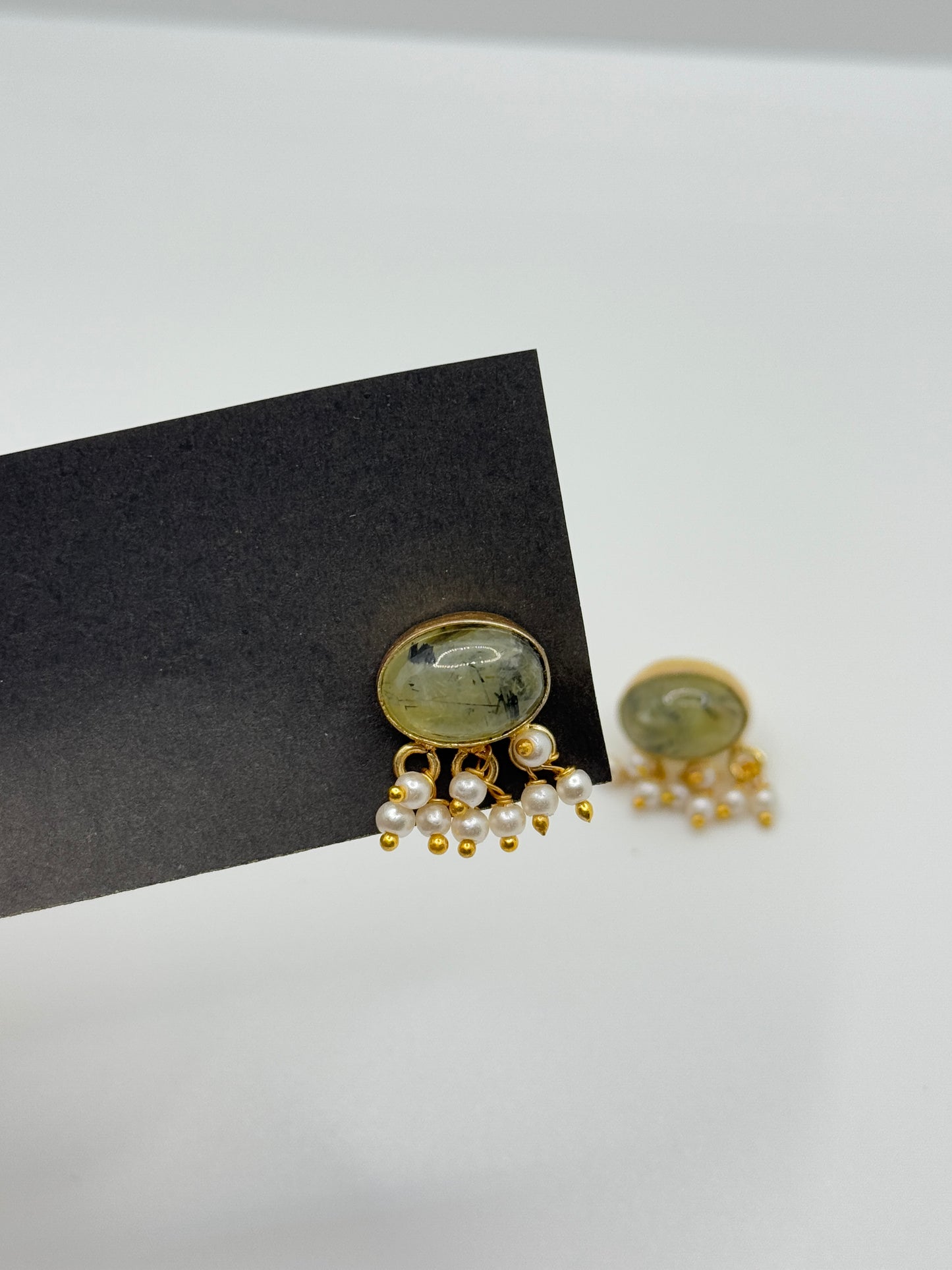 Gold Oval Prehnite Stud Earrings with Pearl Drops