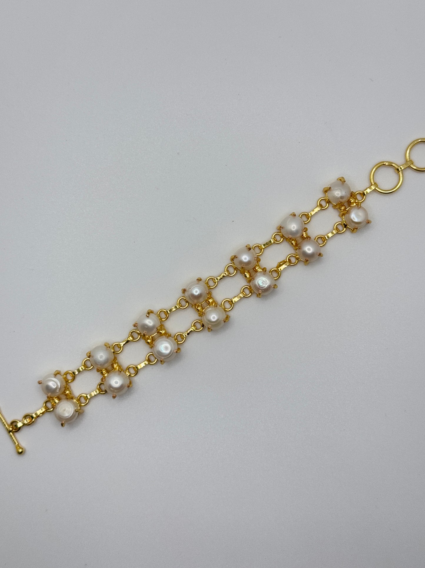 Pearl & Gold Double Strand Bracelet with Toggle Clasp