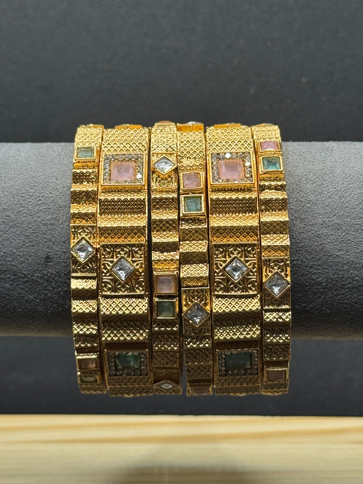 Modern Gold-Toned Bangles with Geometric Gemstone 2*6