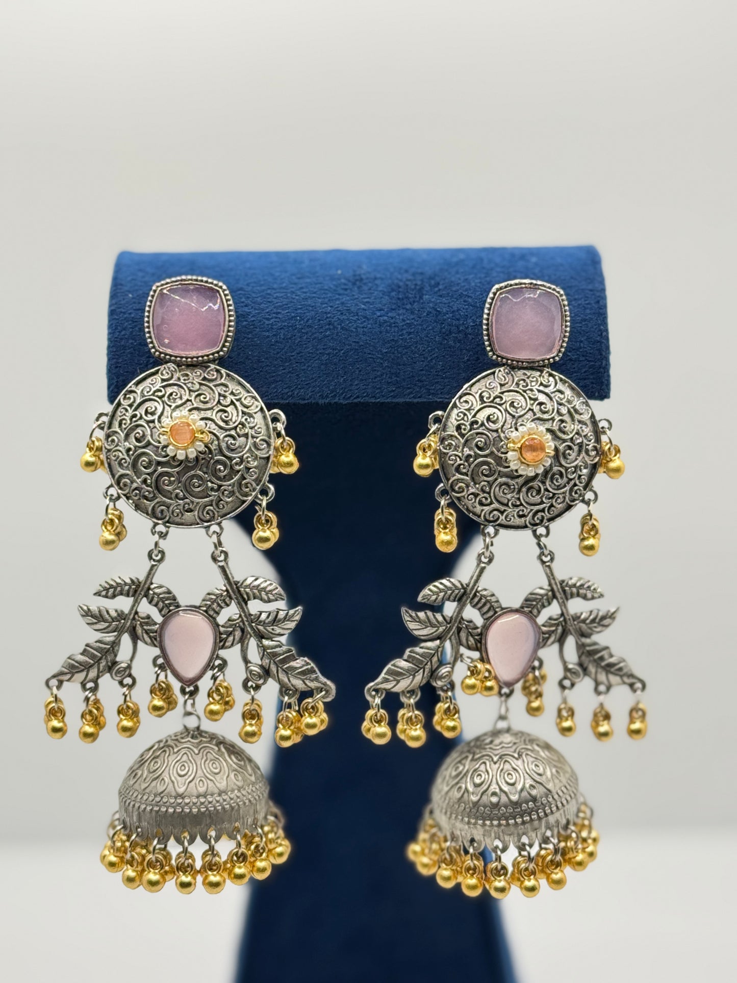 Pink Stone Oxidised Leaf Motif Jhumkas