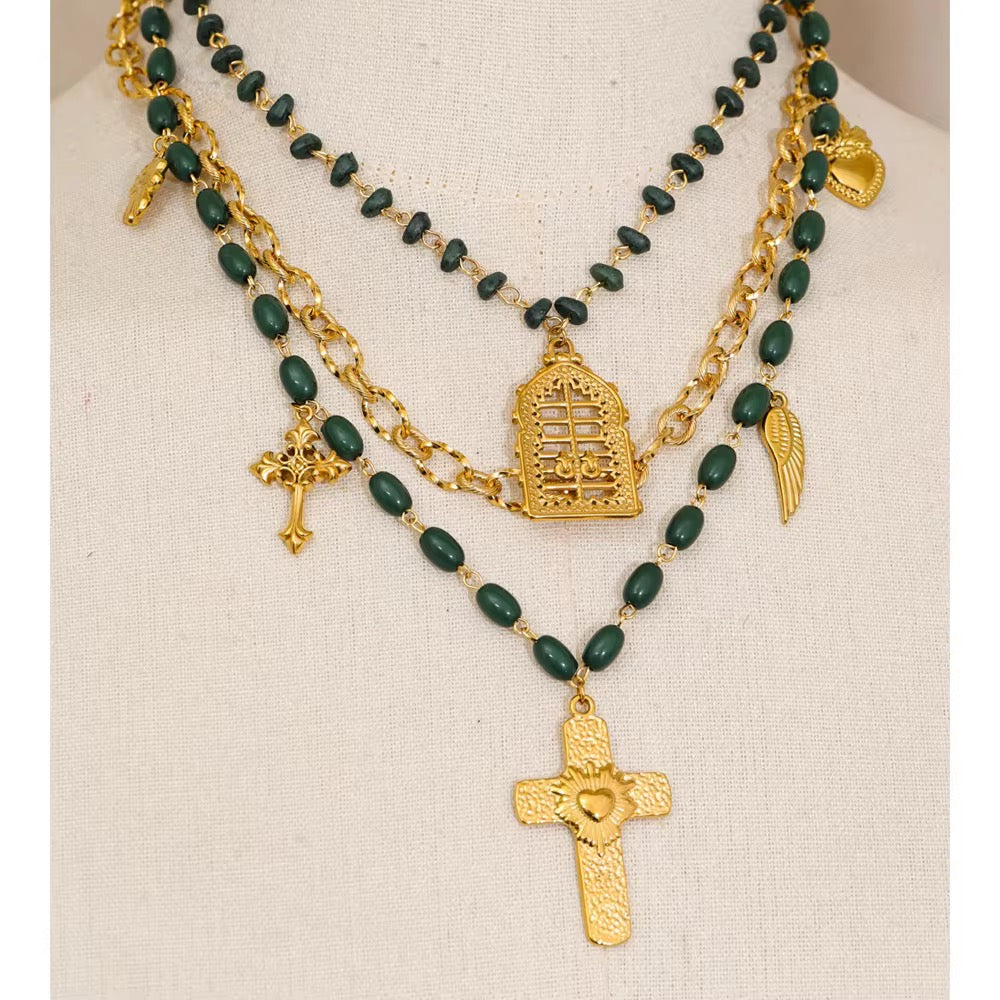 3 layer charm necklace in green beads