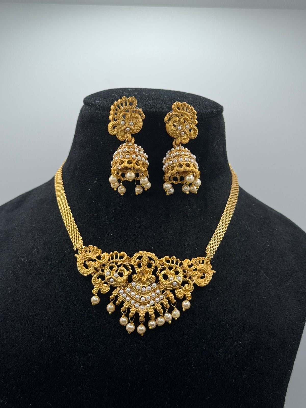 Matte Gold Plated Lakshmi Temple Jewelry Necklace Set