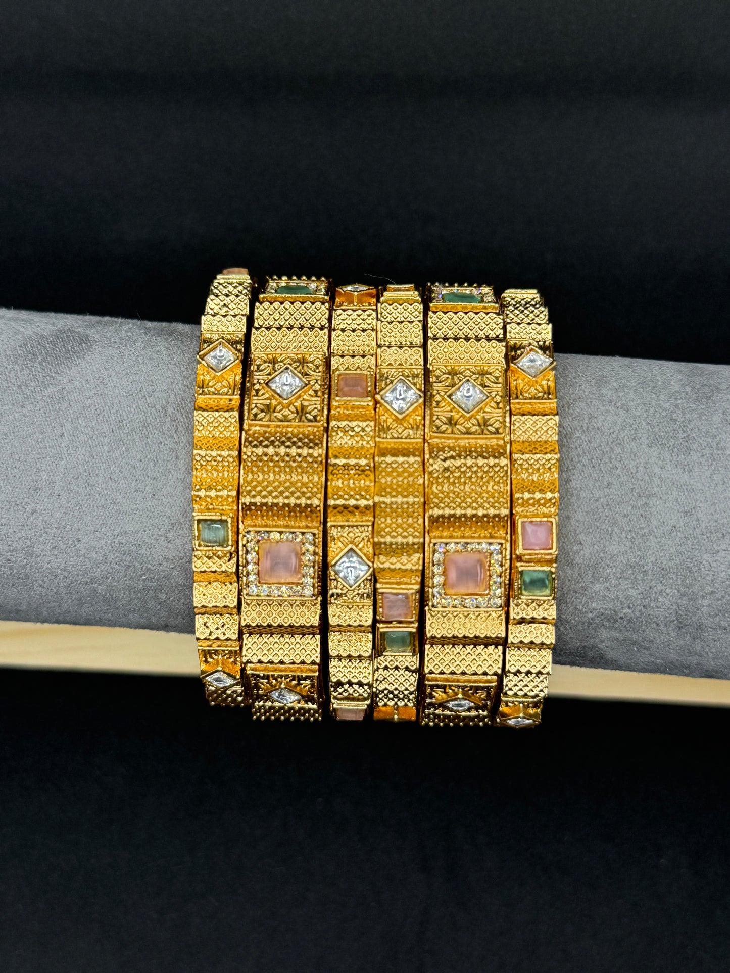 Modern Gold-Toned Bangles with Geometric Gemstone 2*6