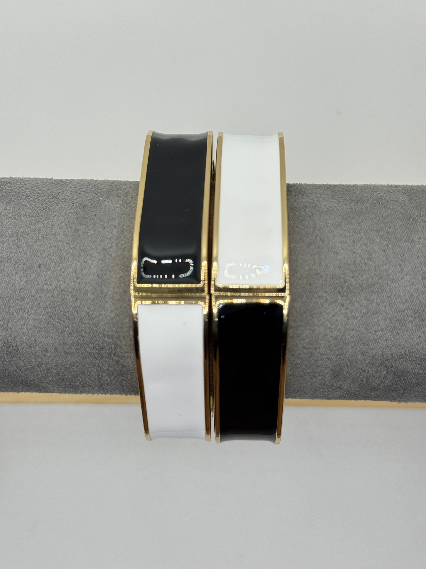 White and Black Half-Split Bangle with Gold Border