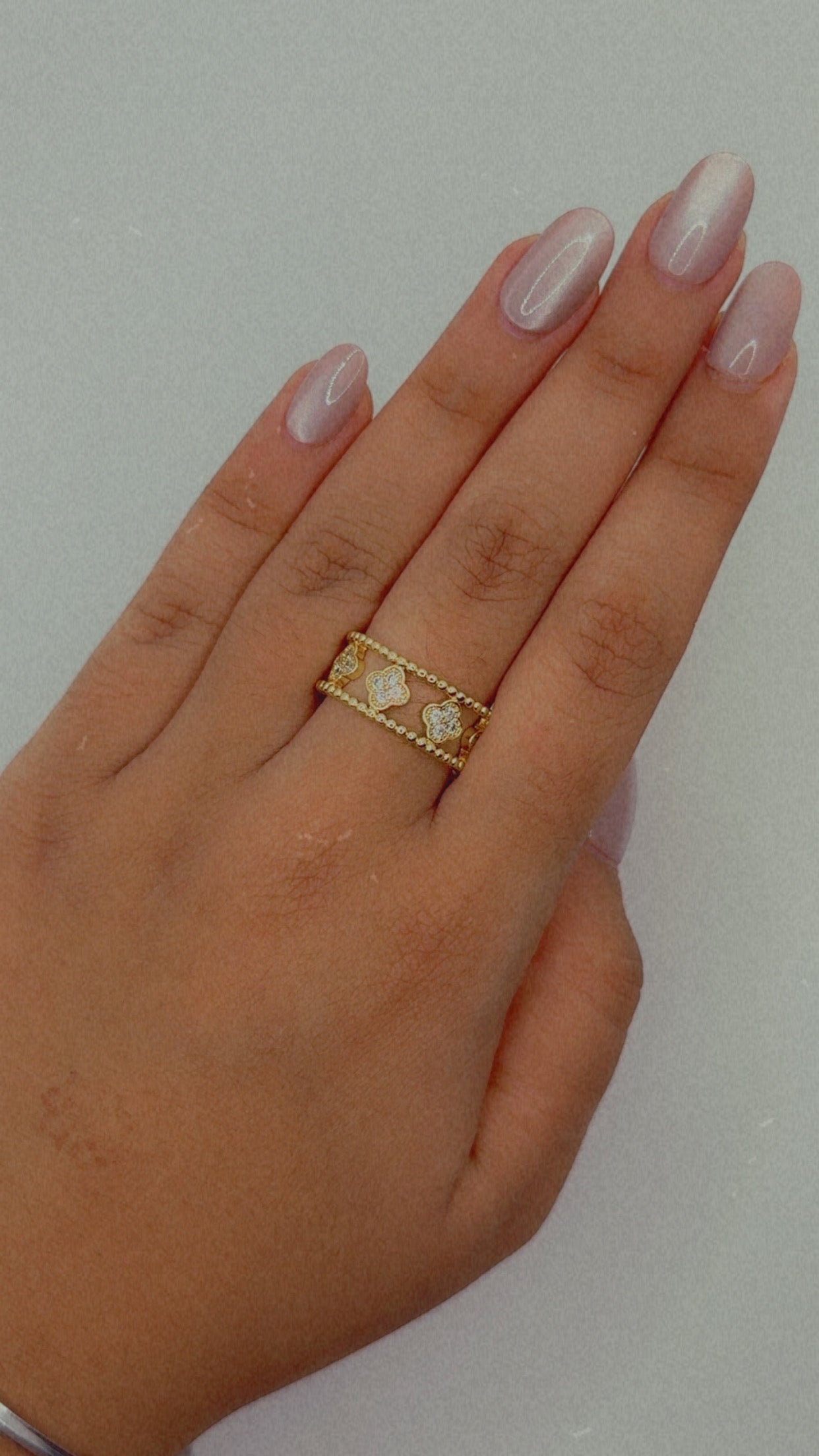 Gold Clover Motif Ring with Pave Crystals