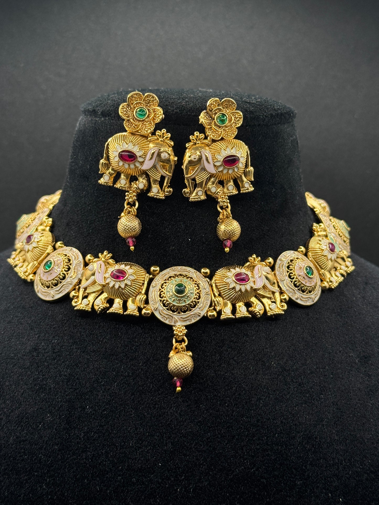 Gold Plated Meenakari Elephant Necklace Set with Pota Stone & Pearl