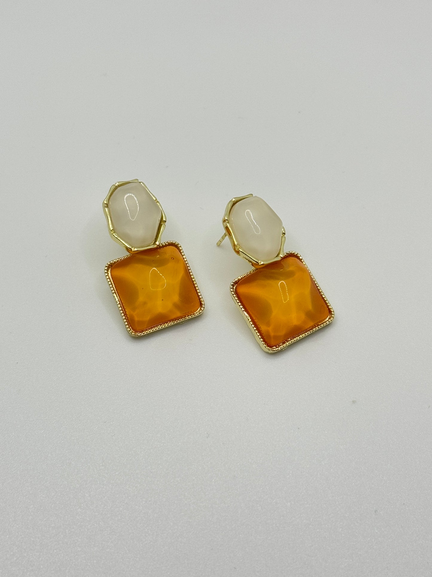 Gold-Toned Dual Stone Drop Earrings - Amber & Ivory