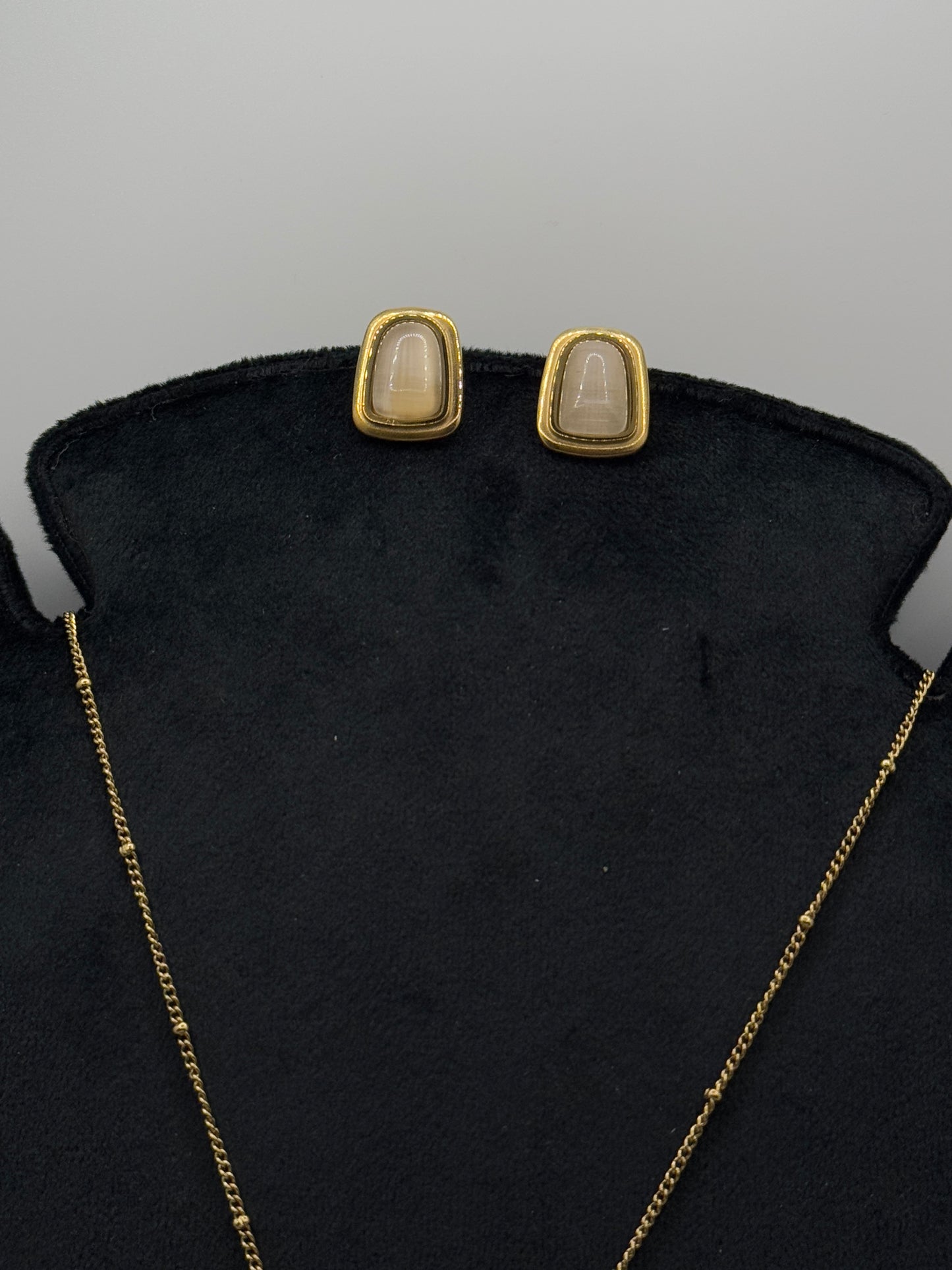 Gold Tone Pendant and Stud Earring Set with Ivory Inlay