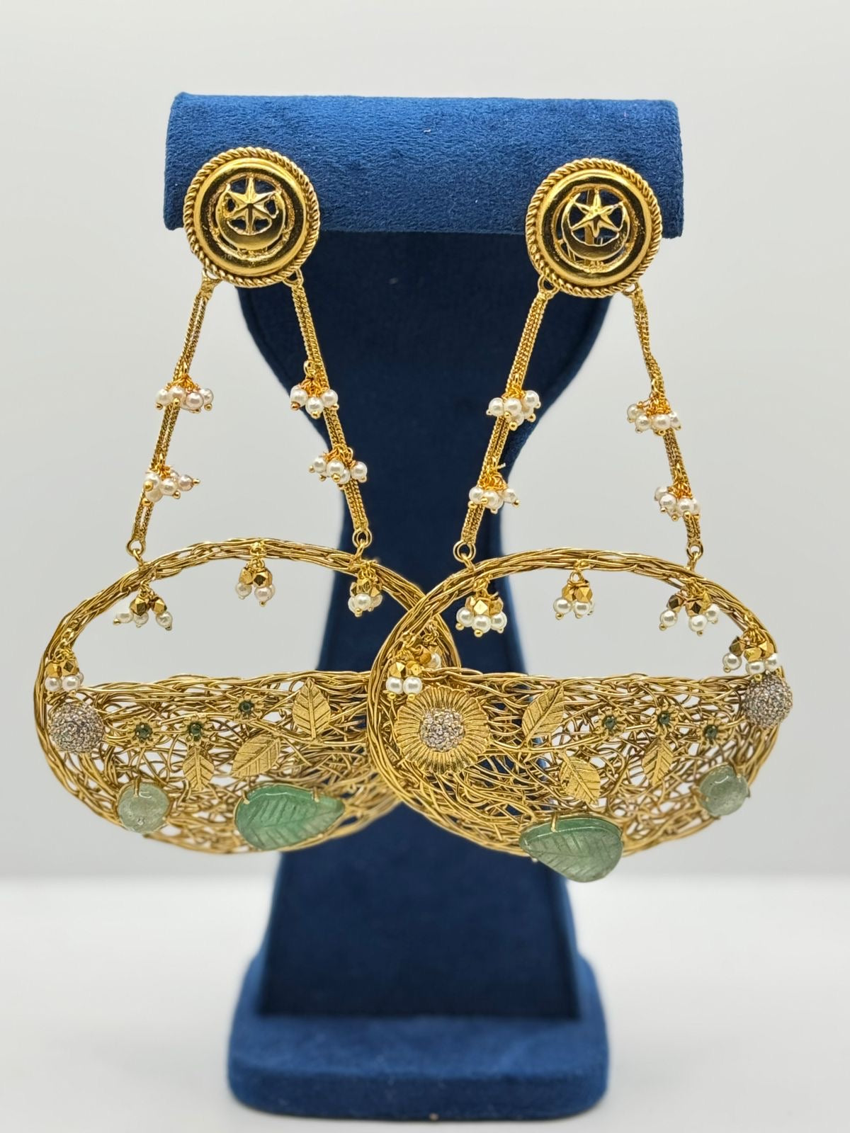 Intricate Gold Filigree Earrings with Leaf and Pearl Drops
