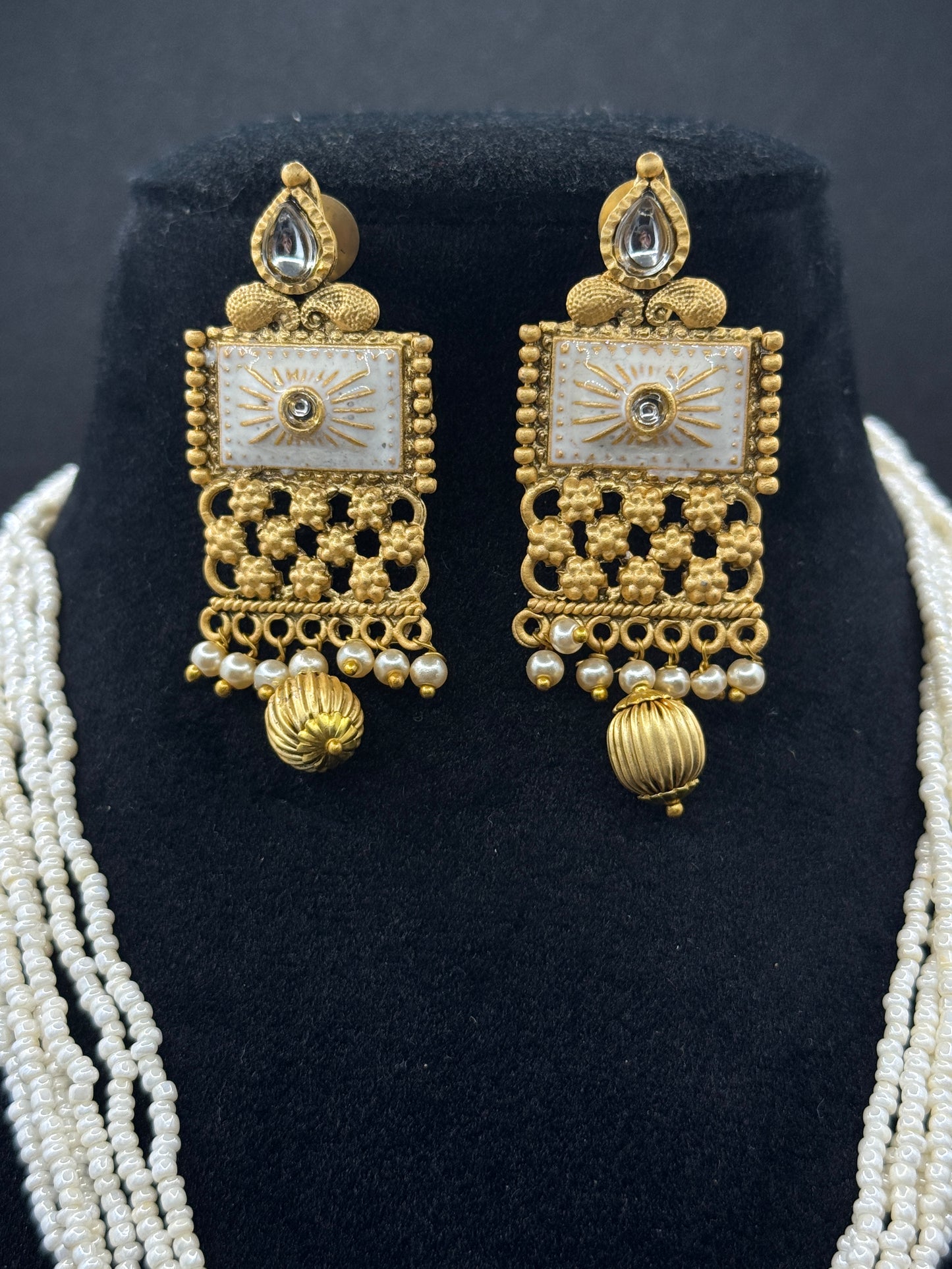 Elegant Matte Gold Rajwadi Temple Necklace Set with Pearl Strands