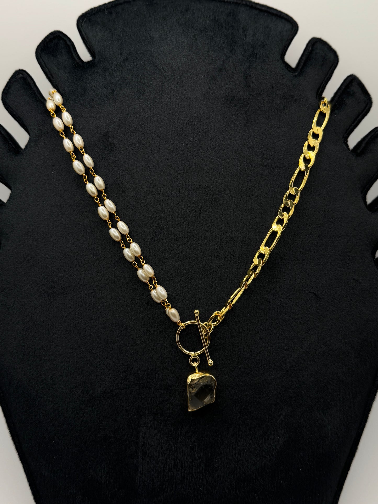 Half Pearl, Half Gold Chain Link Necklace with Smokey Quartz Pendant