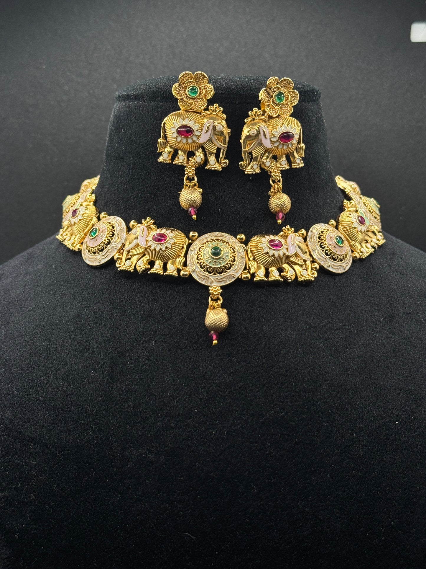 Gold Plated Meenakari Elephant Necklace Set with Pota Stone & Pearl