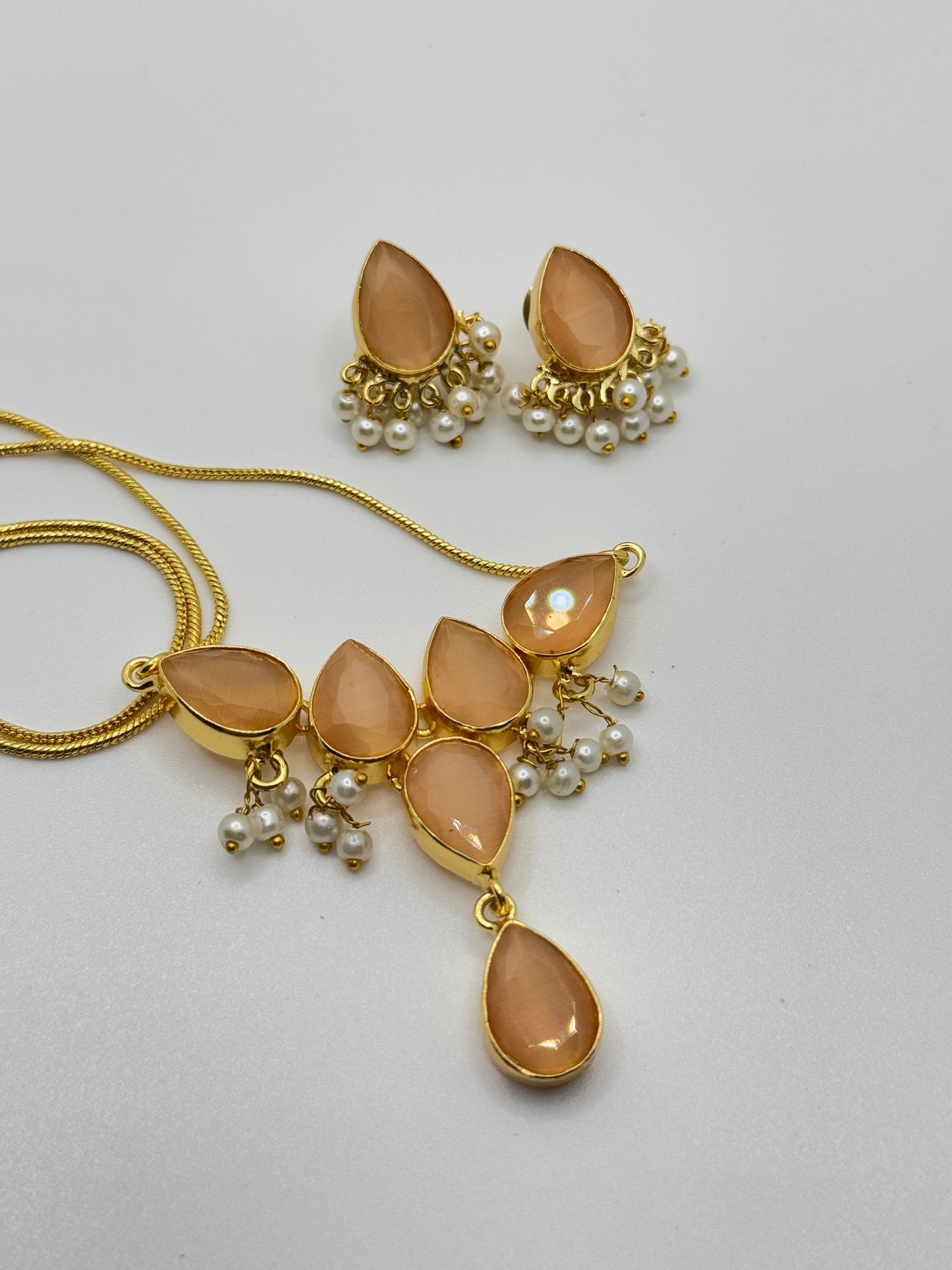 Peach Stone Teardrop Necklace and Earring Set with Pearl Drops