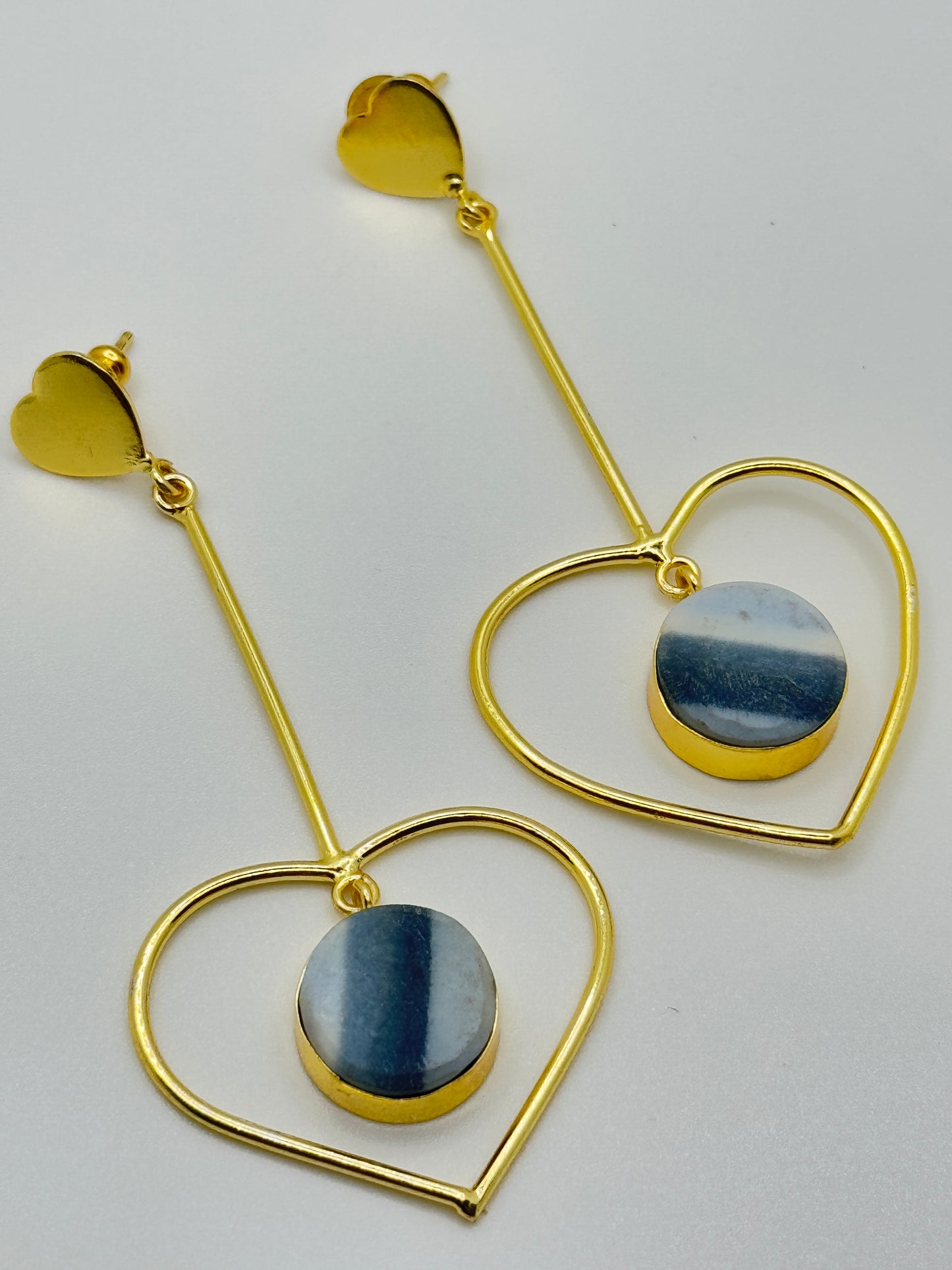 Gold Heart Drop Earrings with Striped Stone Inlay