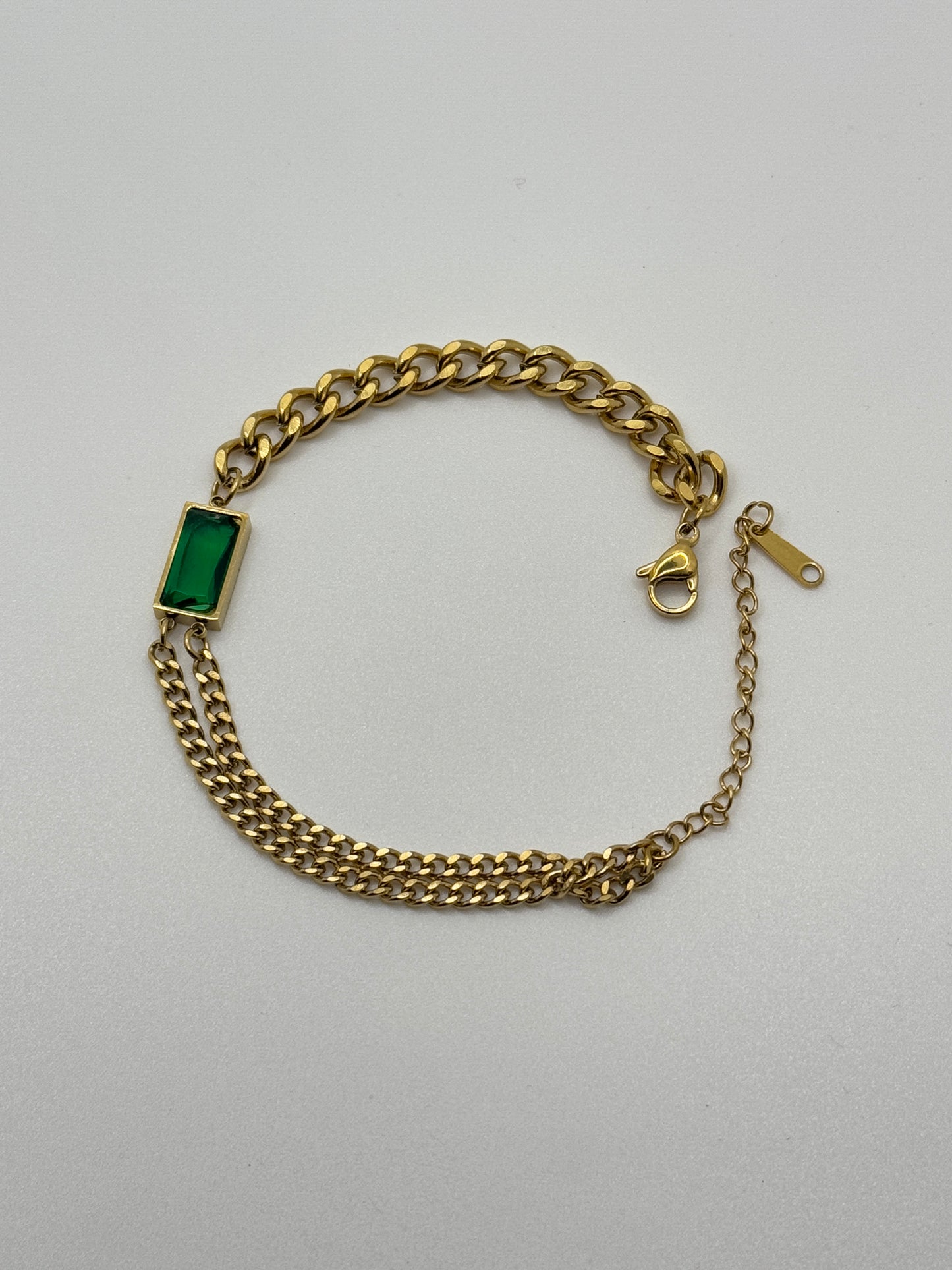 Gold Chain Bracelet with Emerald Green Rectangle Charm