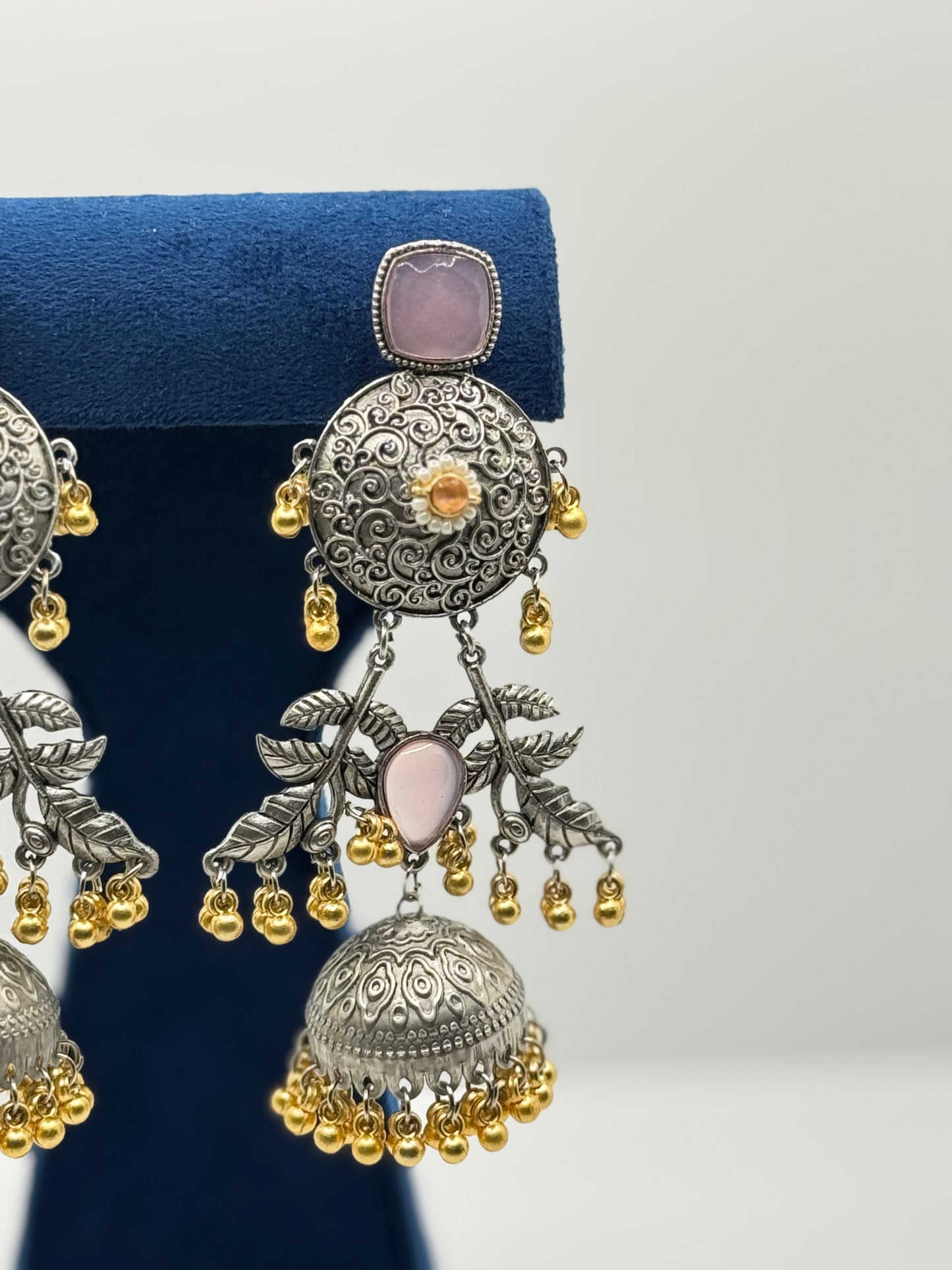 Pink Stone Oxidised Leaf Motif Jhumkas