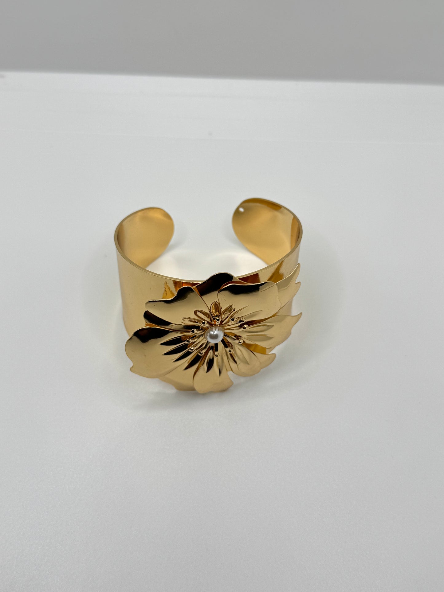 Gold Plated Floral Cuff with Pearl Accent Bracelet