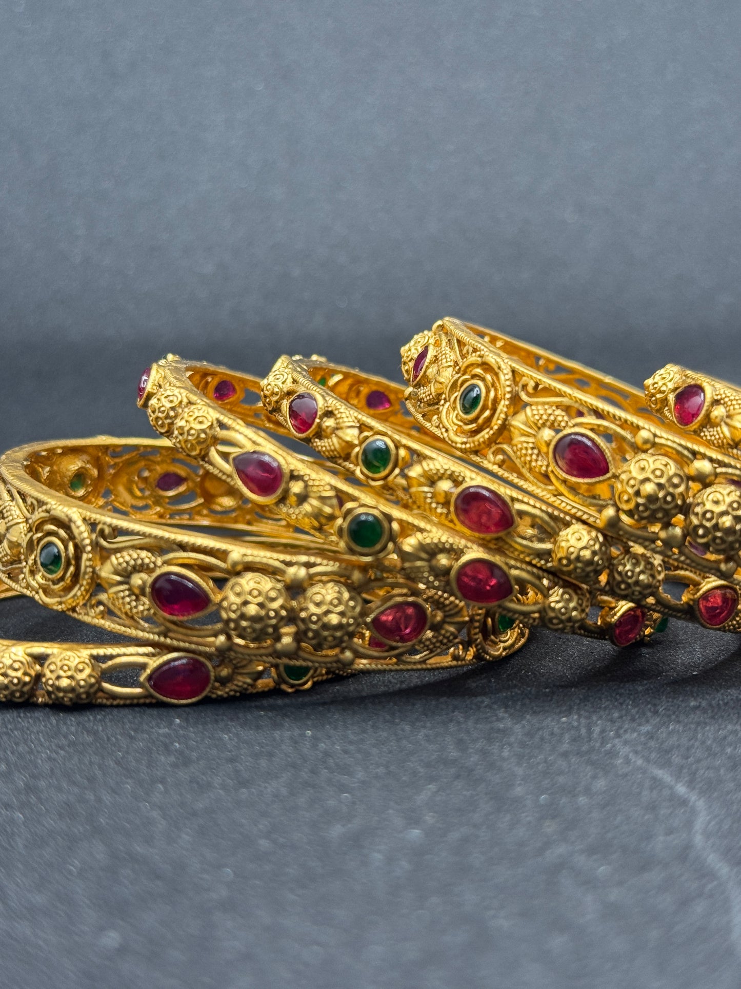 Set of 6 Antique Gold Plated Bangles with Ruby & Emerald Stones 2*6