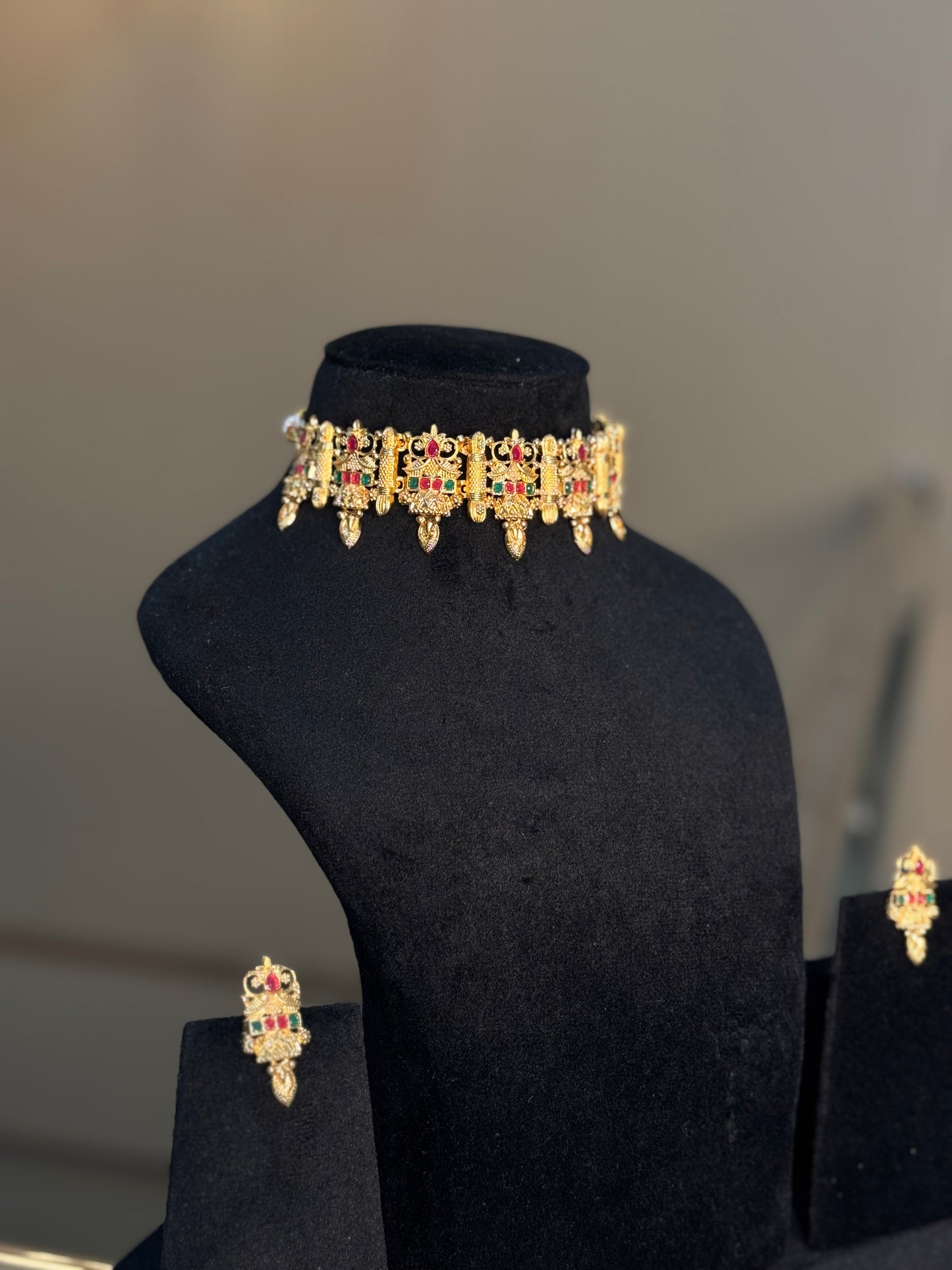 Vibrant Gold-Plated Choker Necklace with Ruby & Emerald Stones