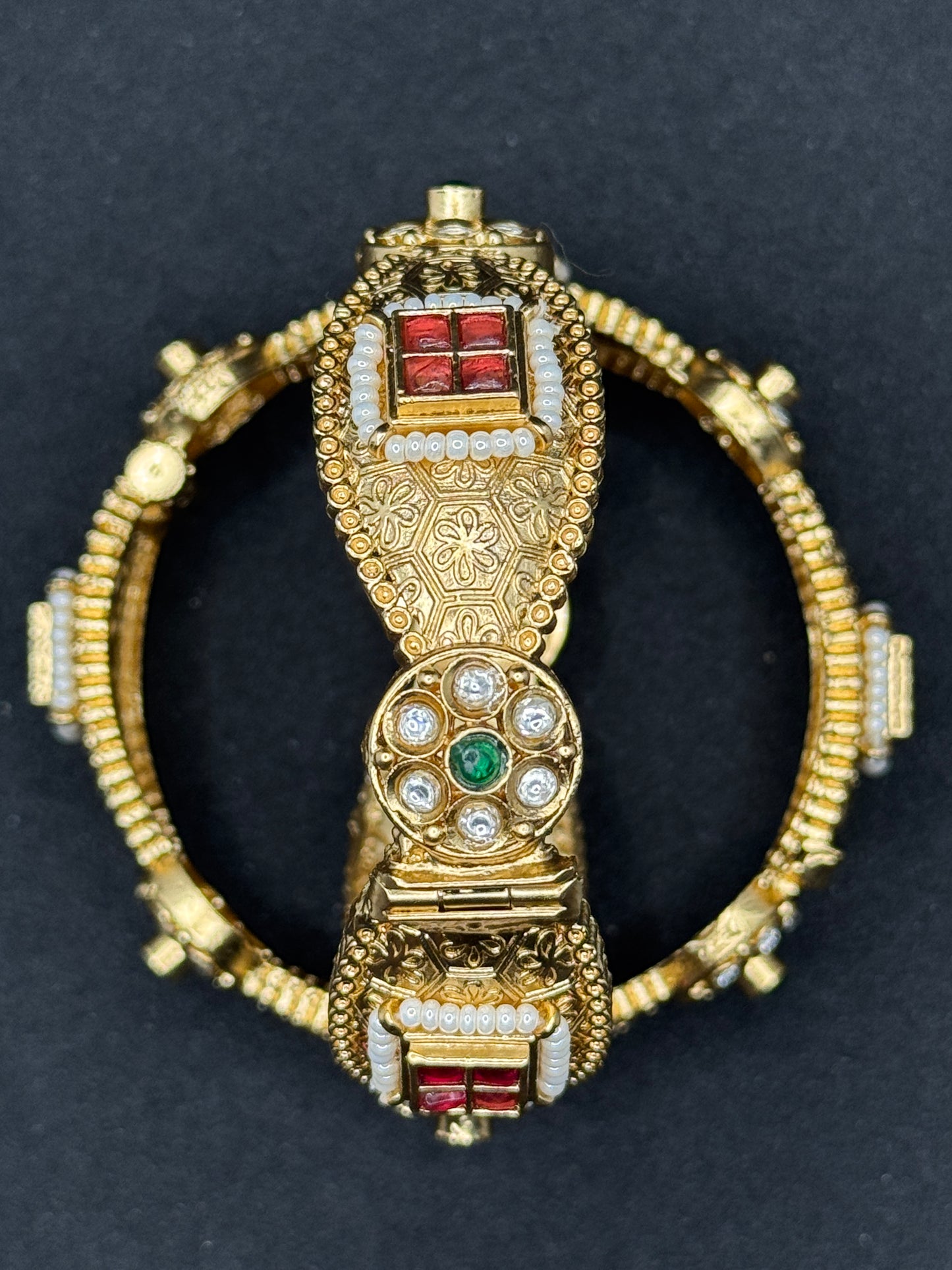 Contemporary Gold-Toned Bangle with White Enamel and Red Stone Accents 2*6