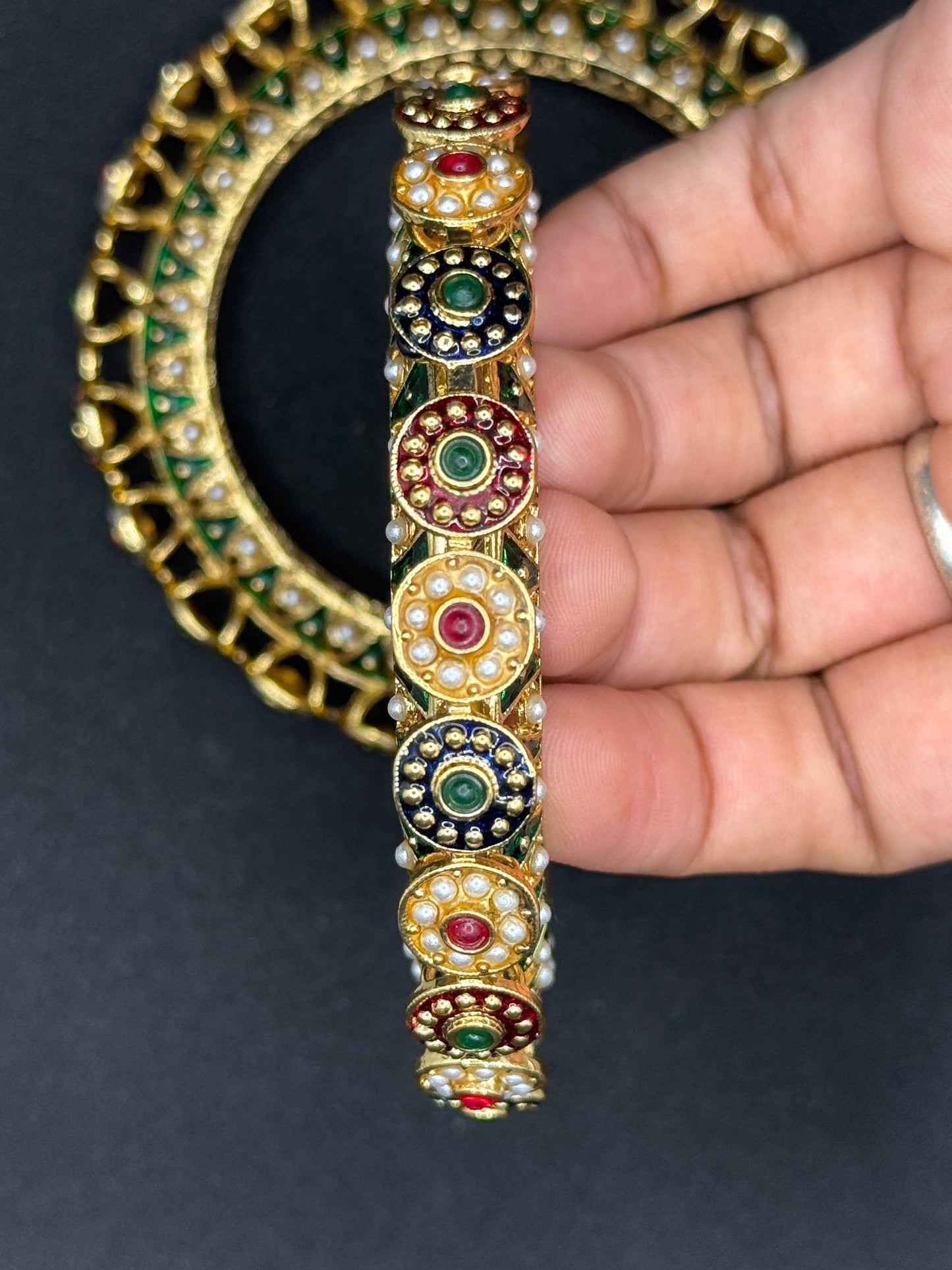 Ornate Gold Plated Pachili Style Bangles with Pearl 2*6